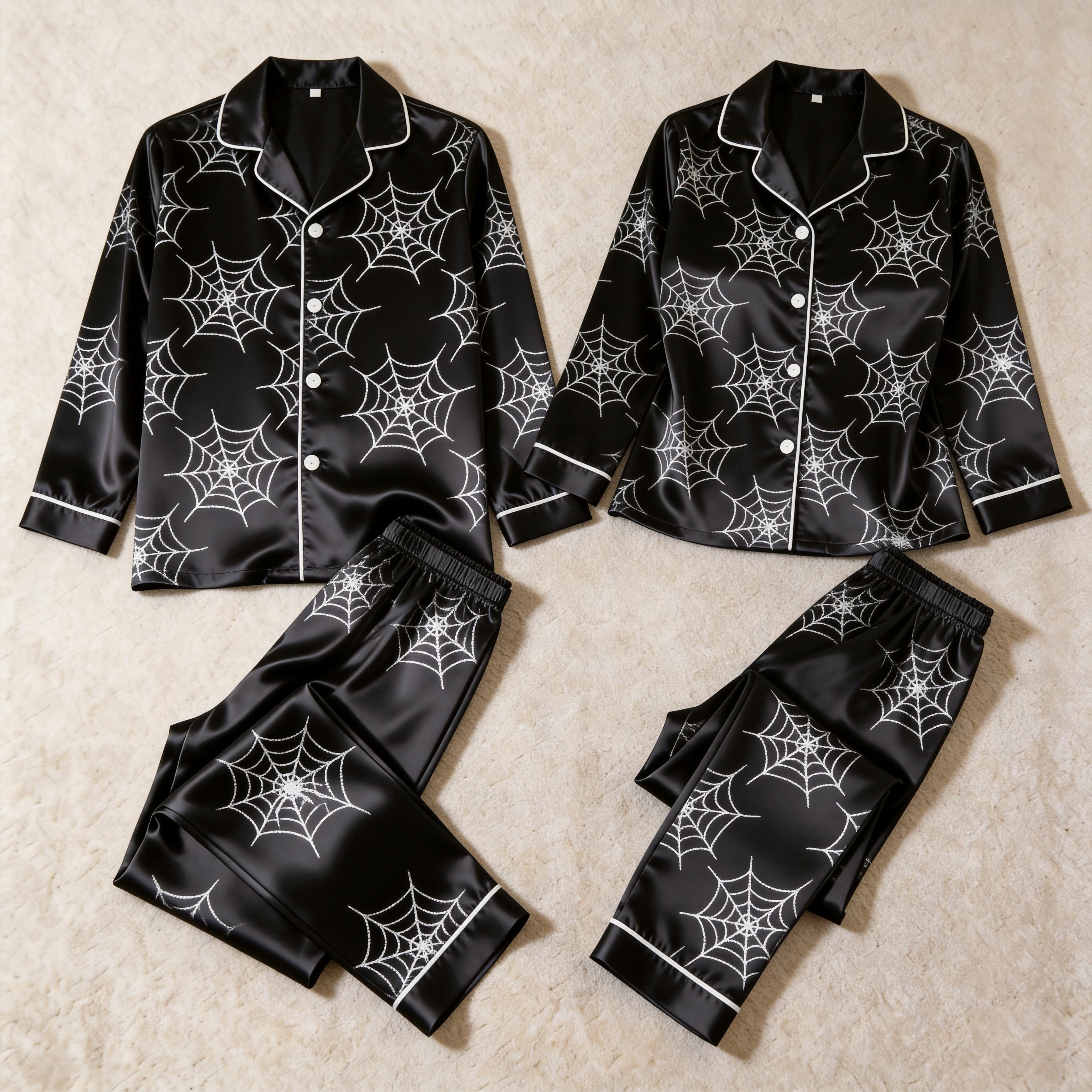 Halloween Spider Web Black Satin Matching Pajamas for Couples – Long Sleeve Button-Down Top & Pants Sleepwear Set