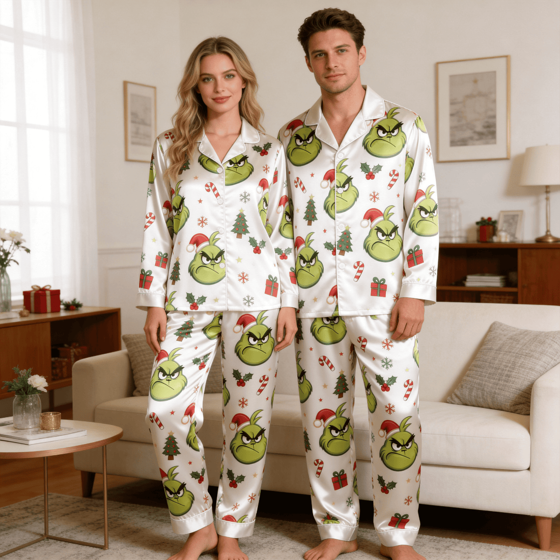 Cartoon Character and Holiday Elements Print Satin Matching Pajamas for Couples – Long Sleeve Button-Down Top & Pants Sleepwear Set
