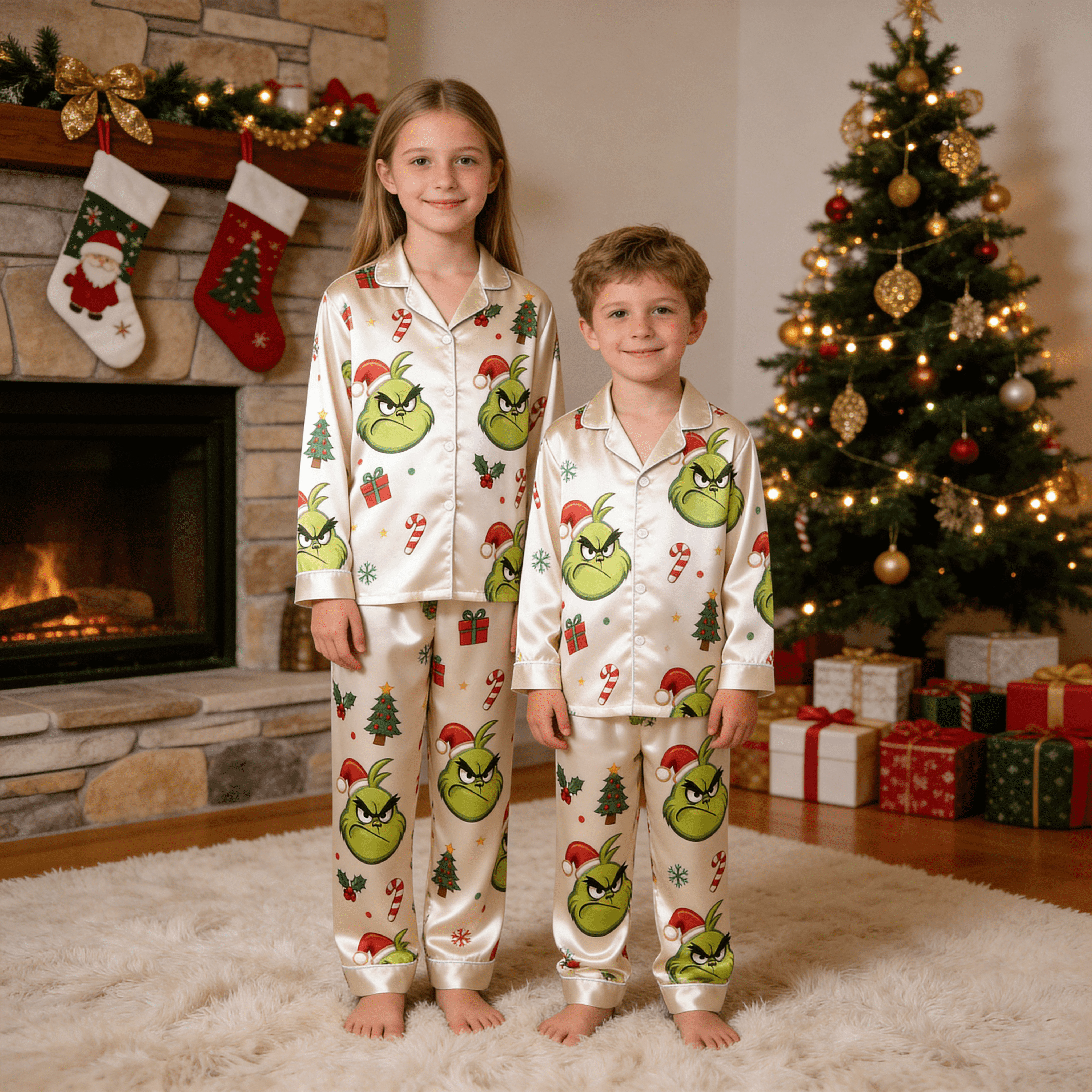 Angry Green Face & Holiday Icon Print Satin Button-Up Family Christmas Pajamas Set