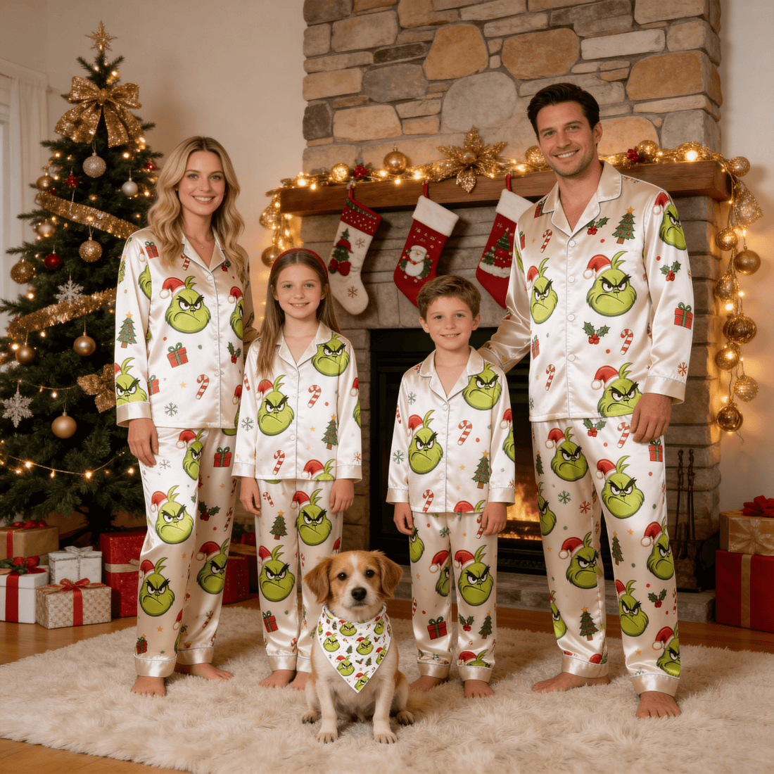 Angry Green Face & Holiday Icon Print Satin Button-Up Family Christmas Pajamas Set