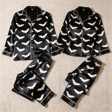 B&W Bat Print Satin Matching Pajamas for Couples – Long Sleeve Button-Down Top & Pants Sleepwear Set