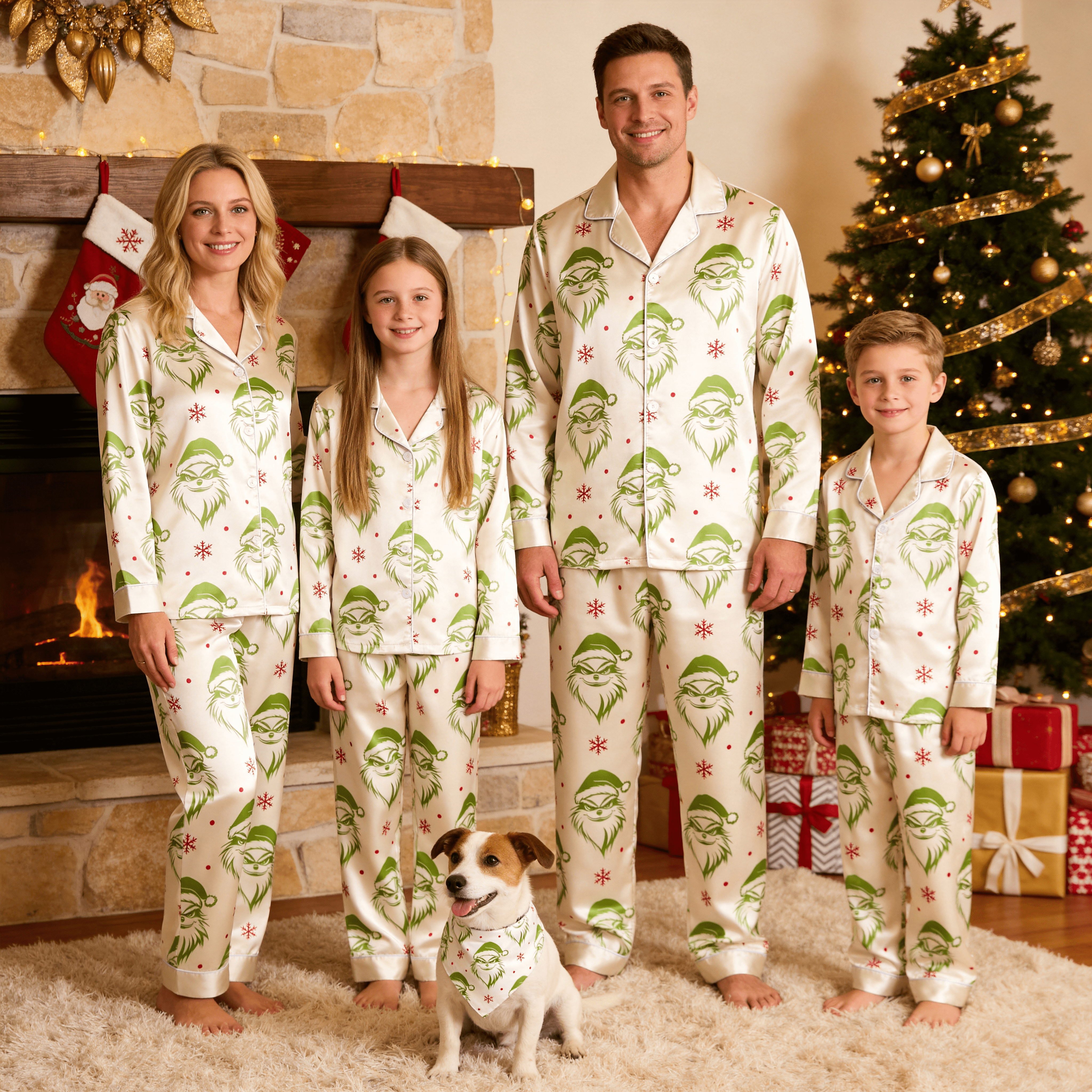 Green Bearded Face & Snowflake Print Satin Button-Up Family Christmas Pajamas Set