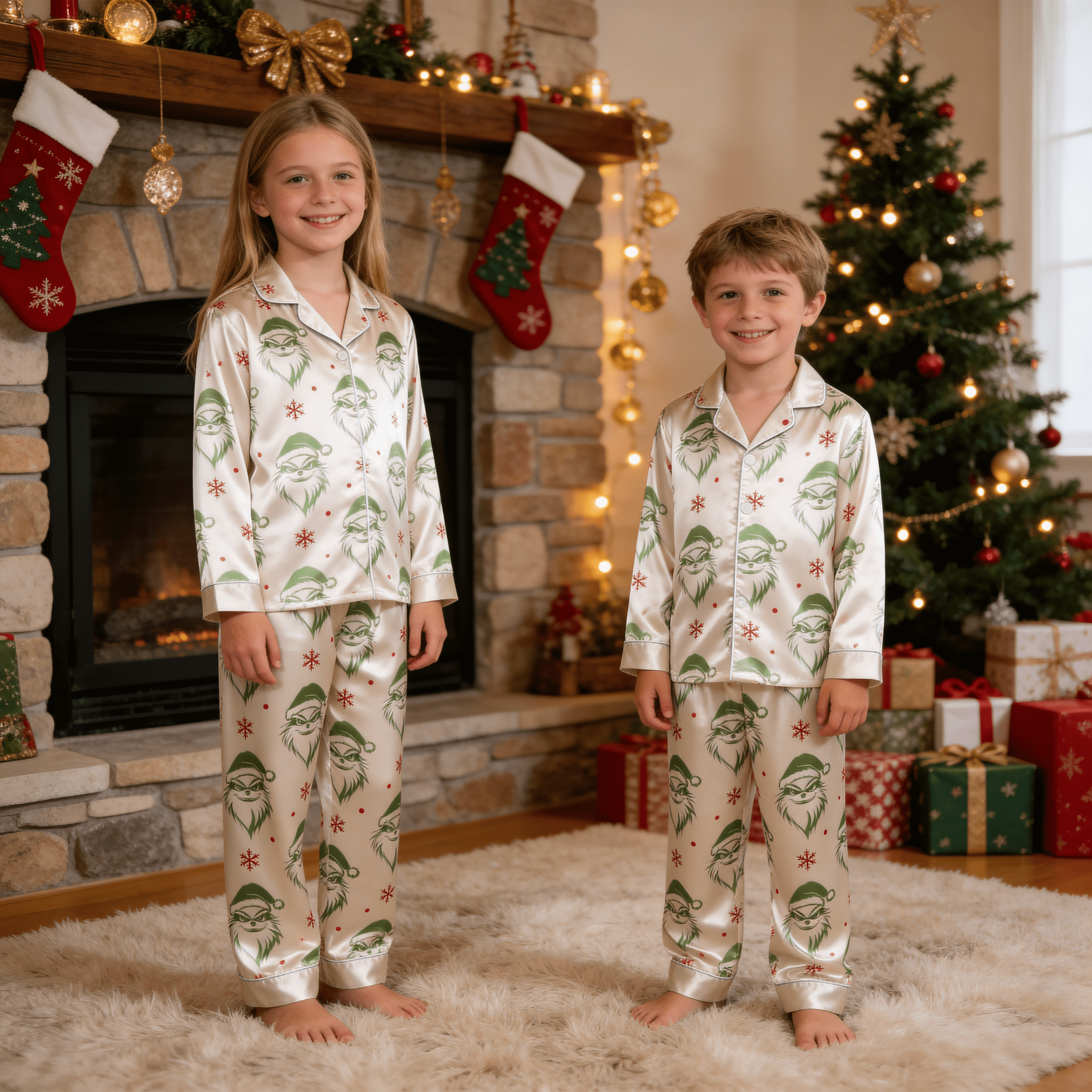 Green Bearded Face & Snowflake Print Satin Button-Up Family Christmas Pajamas Set