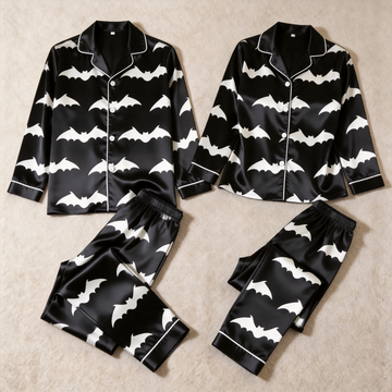 Bat Print Satin Matching Pajamas for Couples – Long Sleeve Button-Down Top & Pants Sleepwear Set