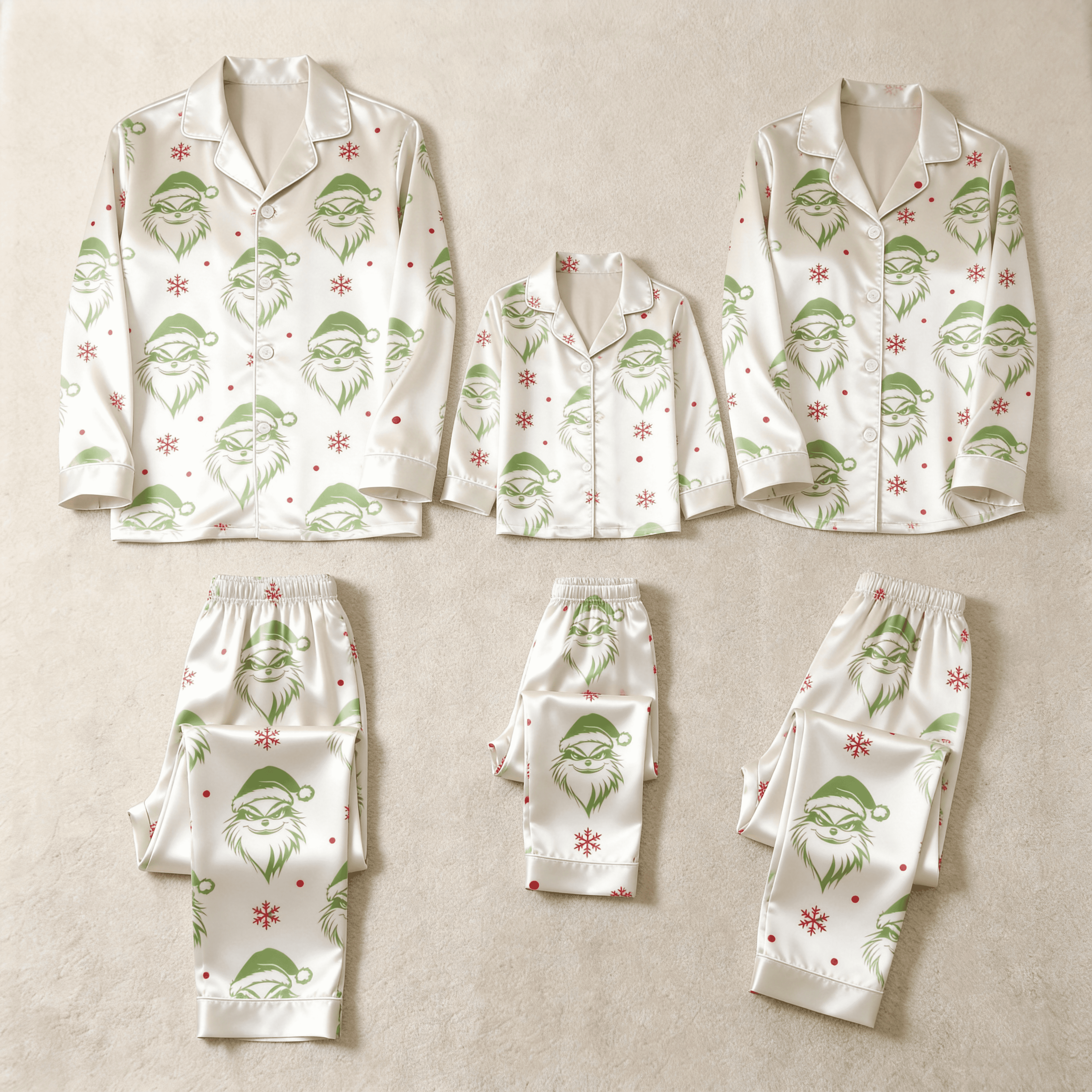 Green Bearded Face & Snowflake Print Satin Button-Up Family Christmas Pajamas Set