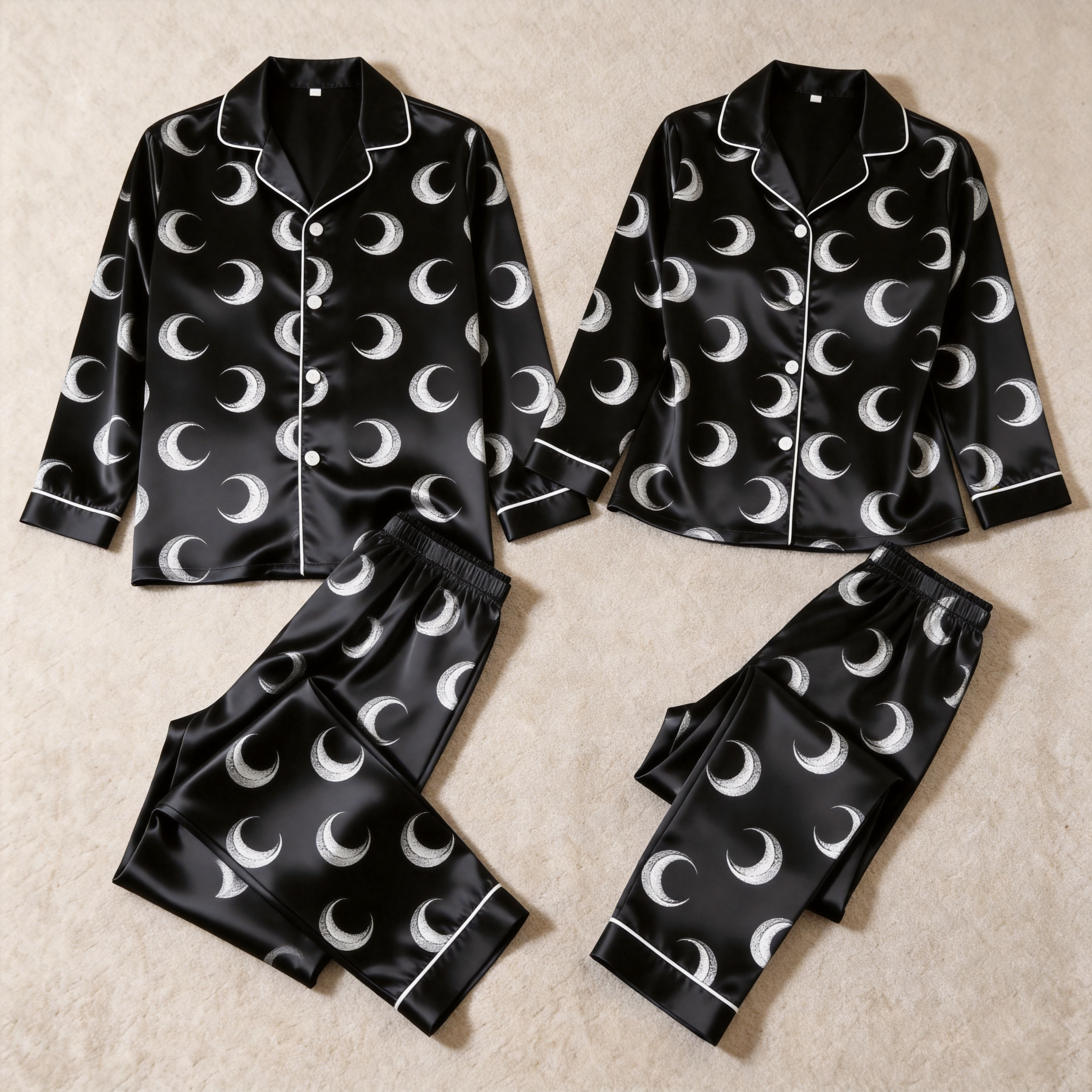Crescent Moon Print Satin Matching Pajamas for Couples – Long Sleeve Button-Down Top & Pants Sleepwear Set