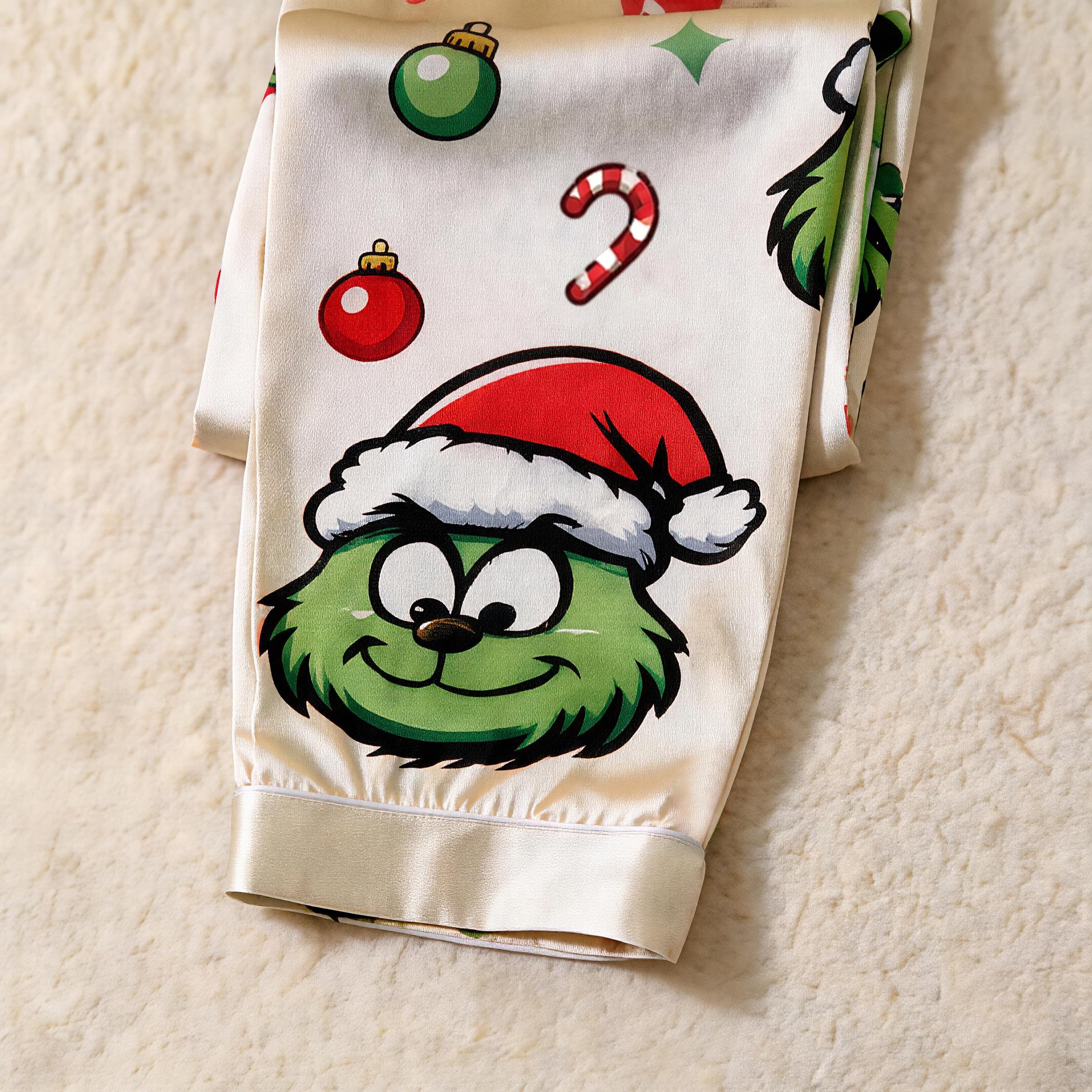 Smiling Green Face & Santa Hat Print Satin Button-Up Family Christmas Pajamas Set