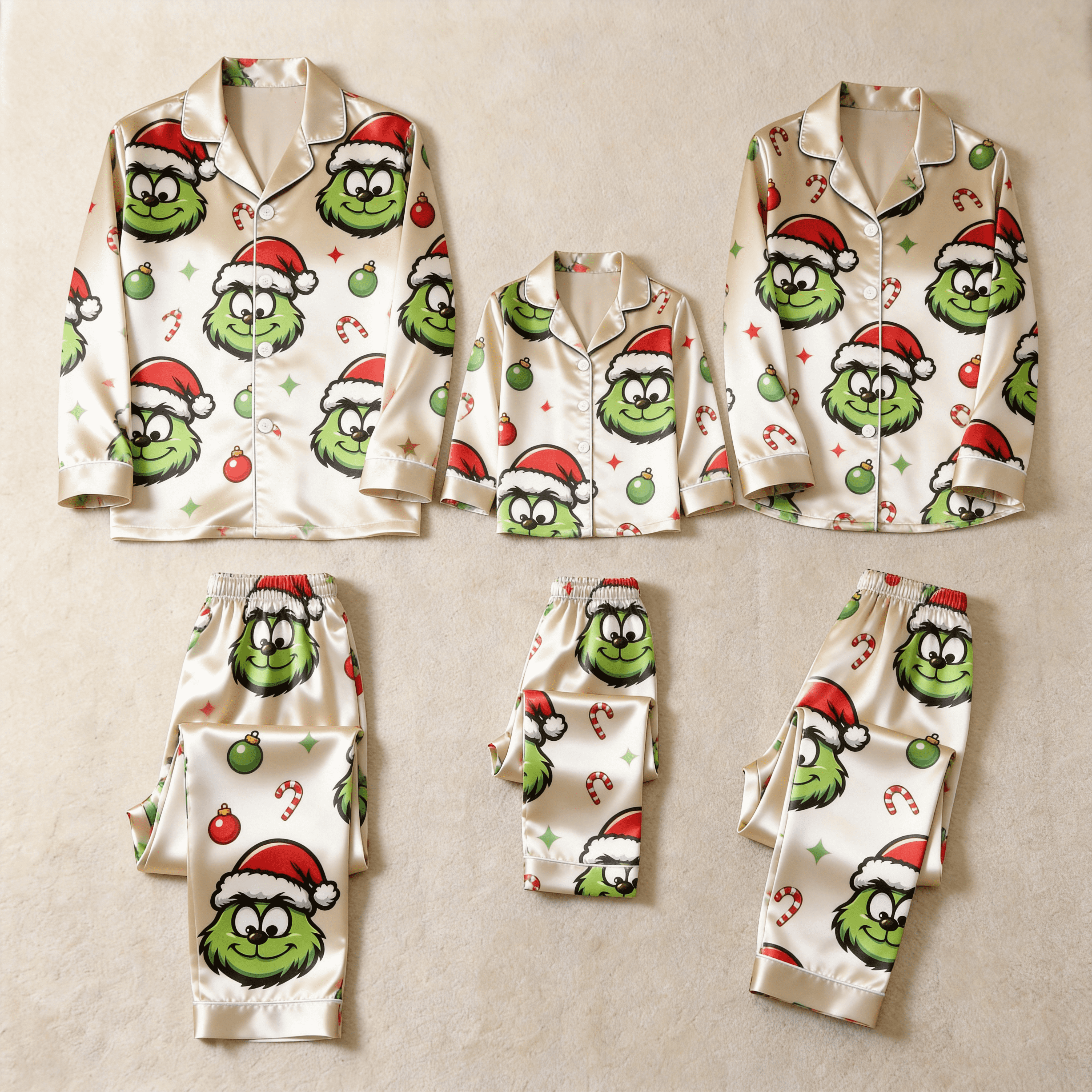 Smiling Green Face & Santa Hat Print Satin Button-Up Family Christmas Pajamas Set