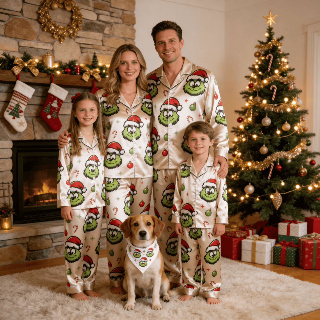 Smiling Green Face & Santa Hat Print Satin Button-Up Family Christmas Pajamas Set