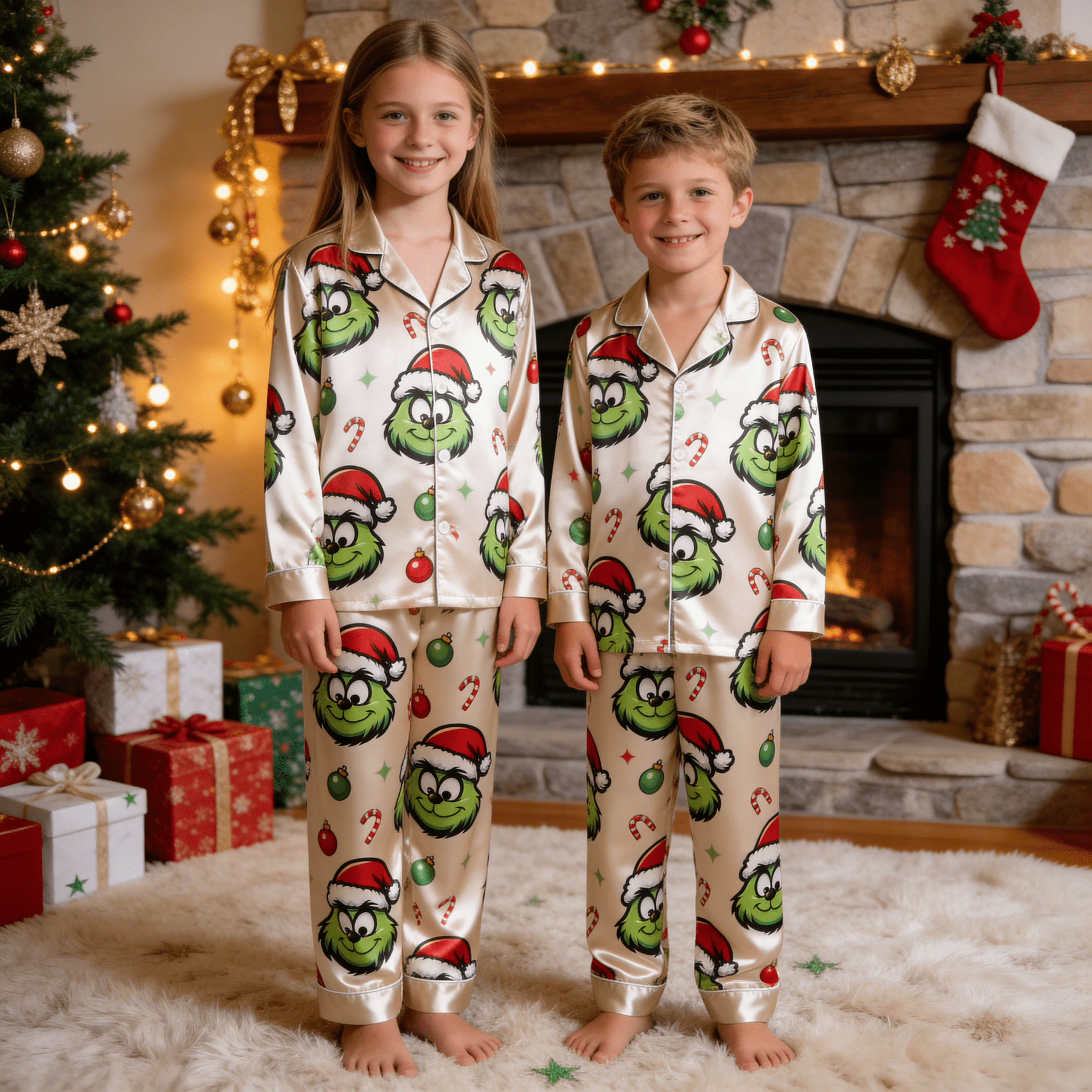 Smiling Green Face & Santa Hat Print Satin Button-Up Family Christmas Pajamas Set