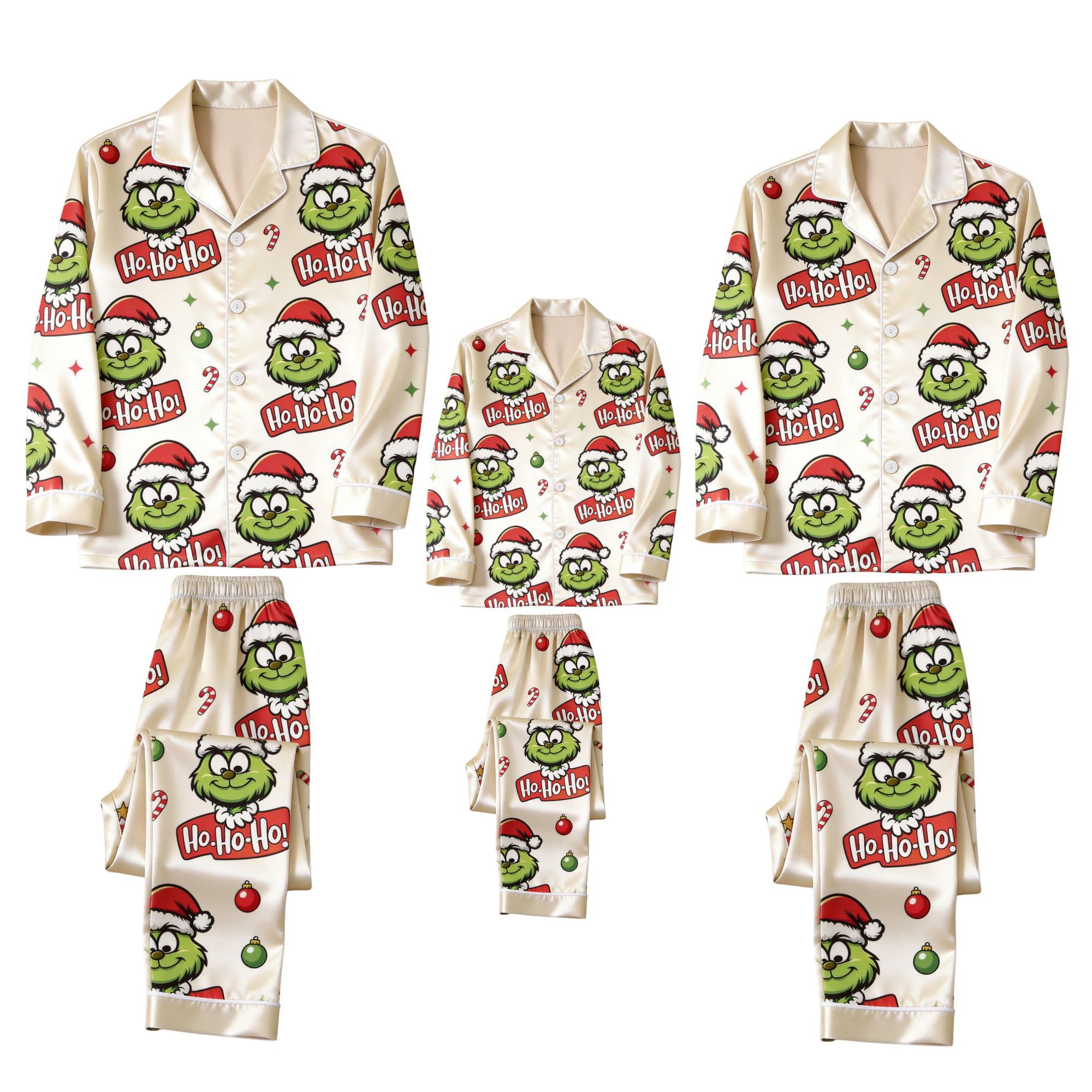 Green Face & Ho-Ho-Ho Text Print Satin Button-Up Family Christmas Pajamas Set