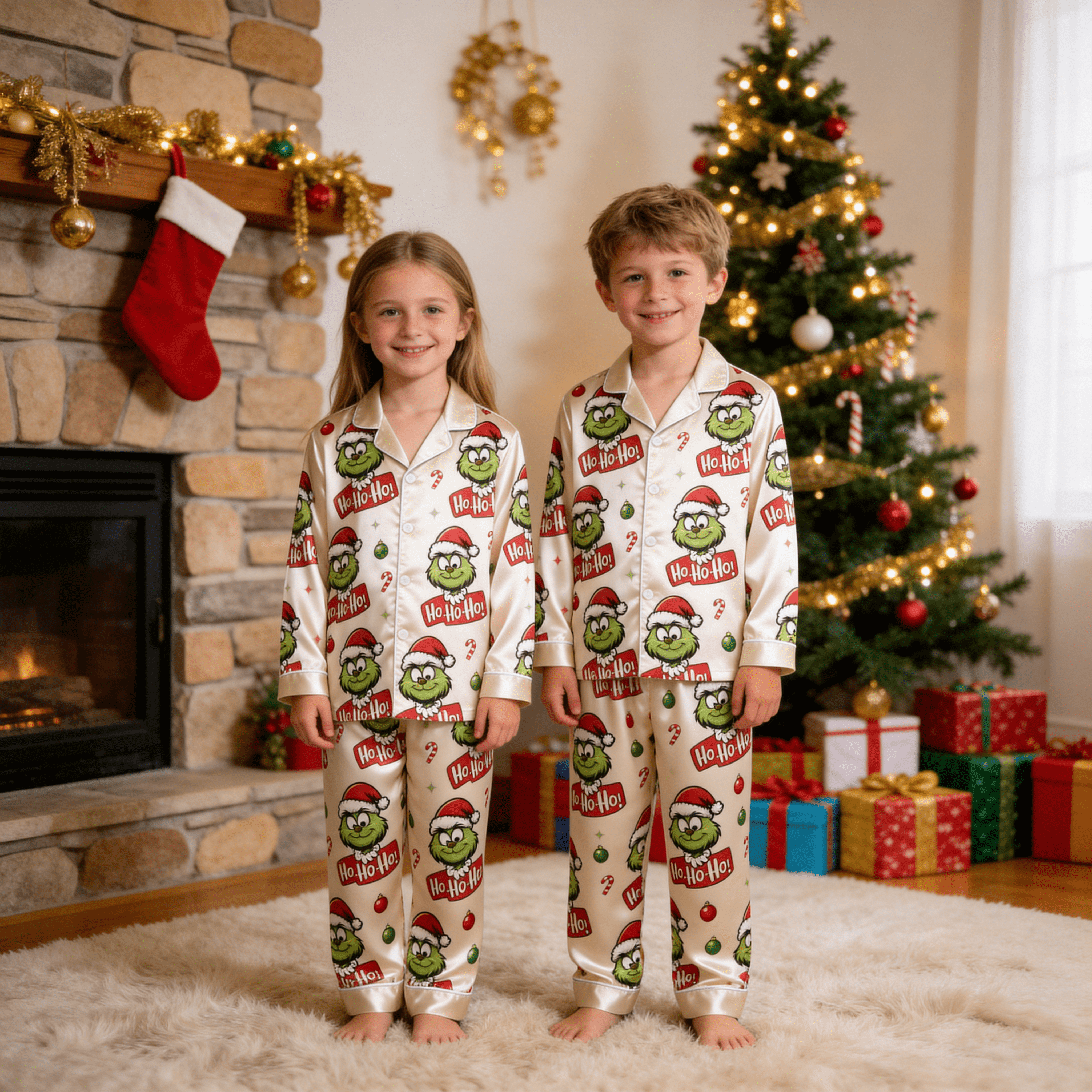Green Face & Ho-Ho-Ho Text Print Satin Button-Up Family Christmas Pajamas Set