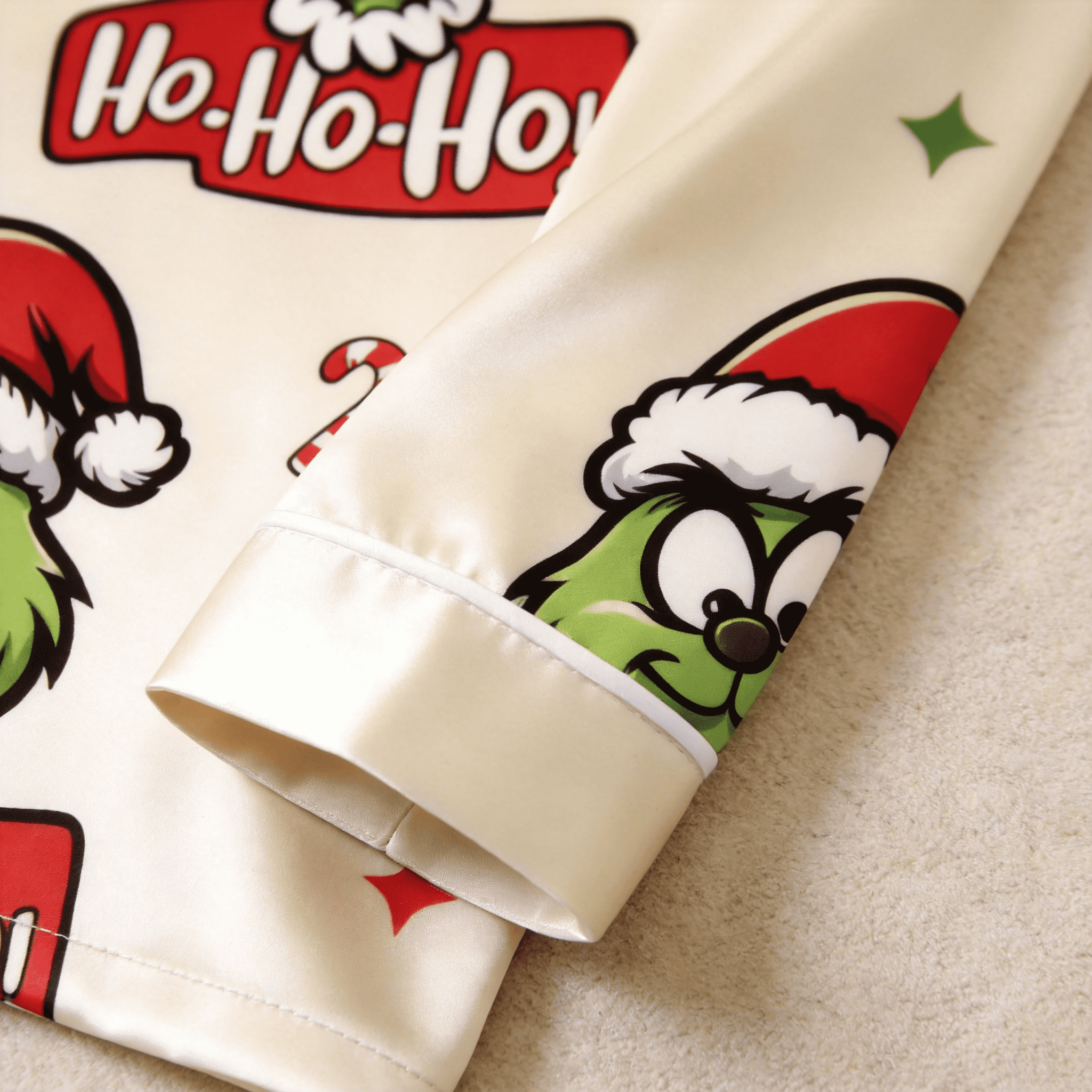 Green Face & Ho-Ho-Ho Text Print Satin Button-Up Family Christmas Pajamas Set