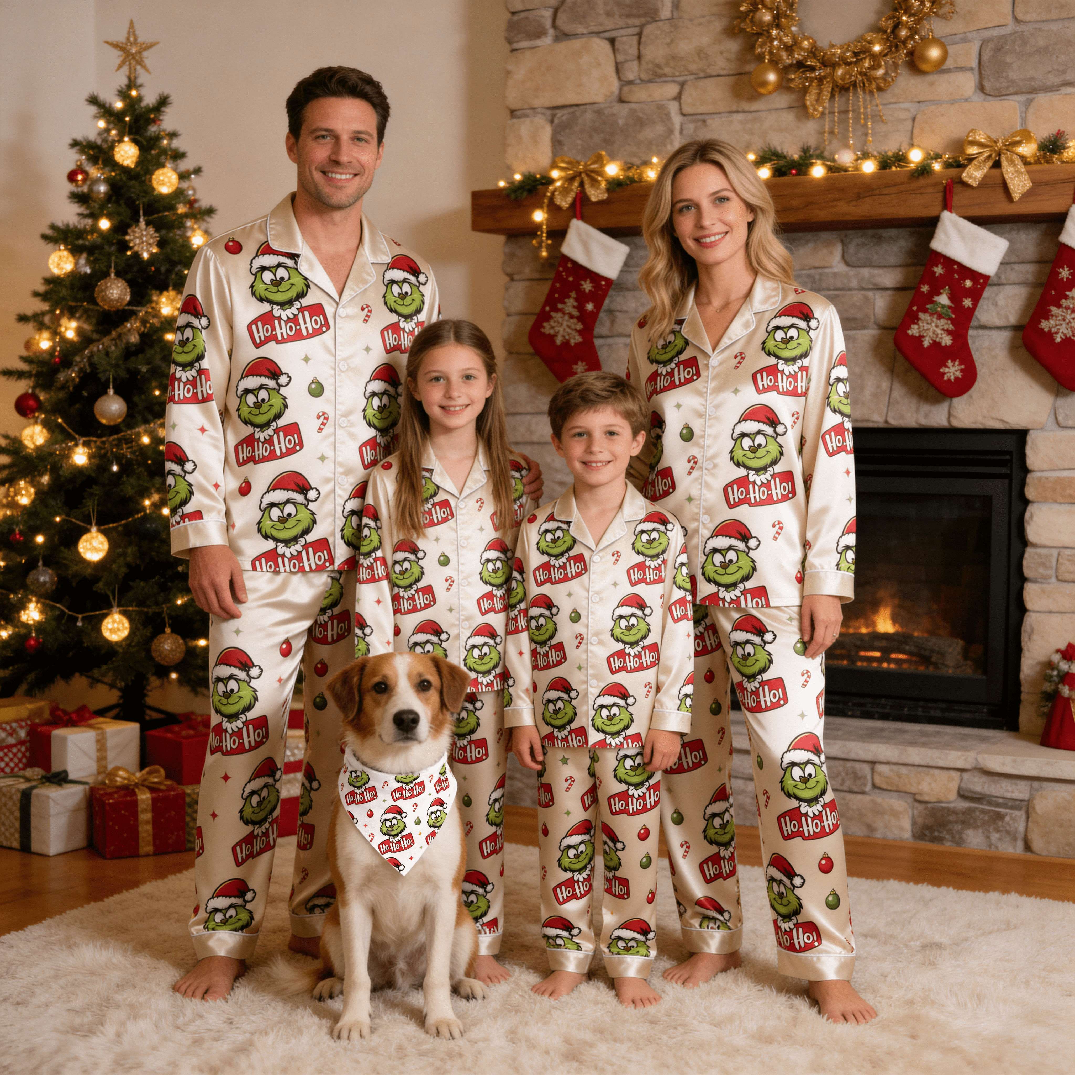 Green Face & Ho-Ho-Ho Text Print Satin Button-Up Family Christmas Pajamas Set
