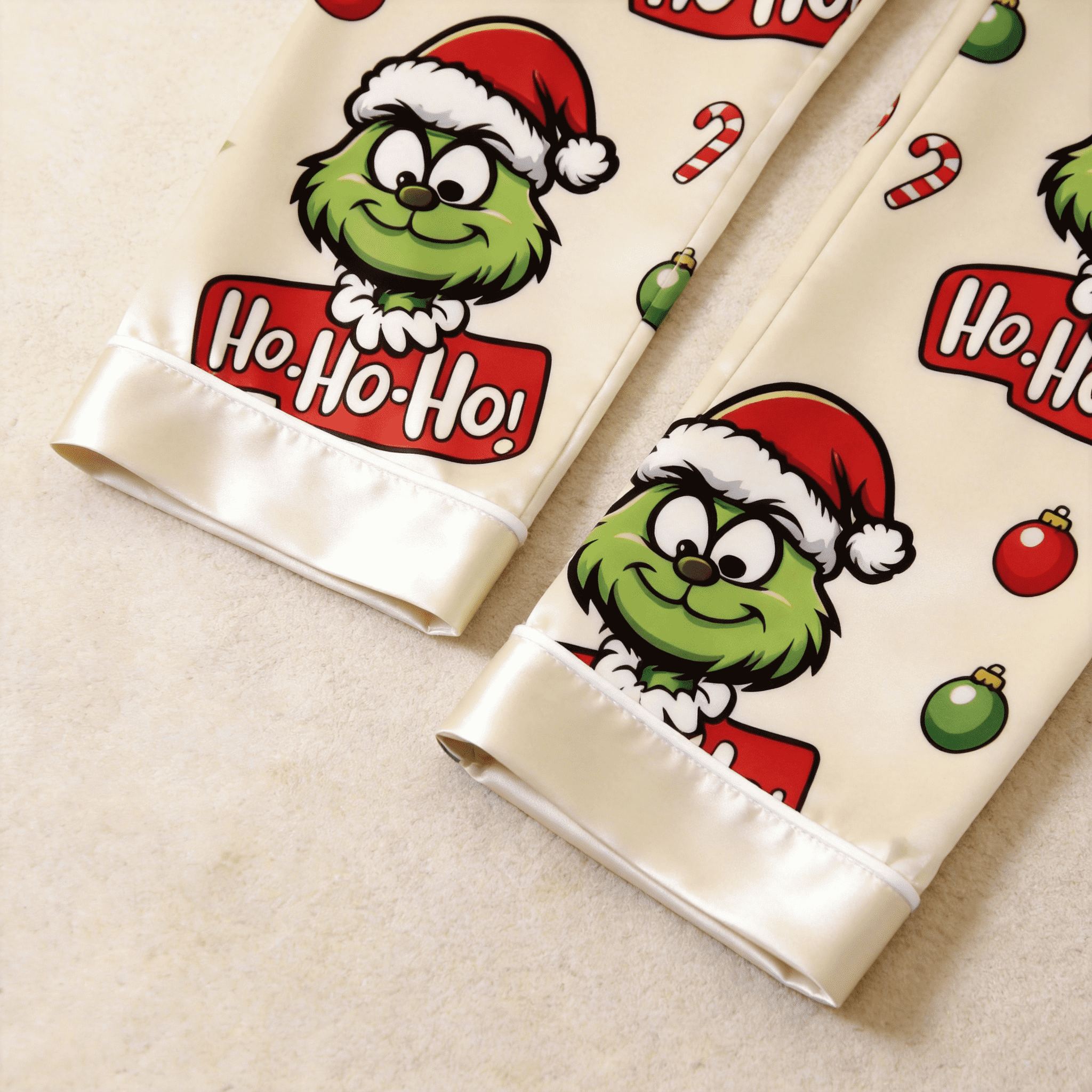 Green Face & Ho-Ho-Ho Text Print Satin Button-Up Family Christmas Pajamas Set