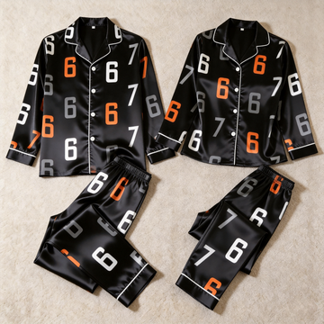 67 Number Print Satin Matching Pajamas for Couples – Long Sleeve Button-Down Top & Pants Sleepwear Set