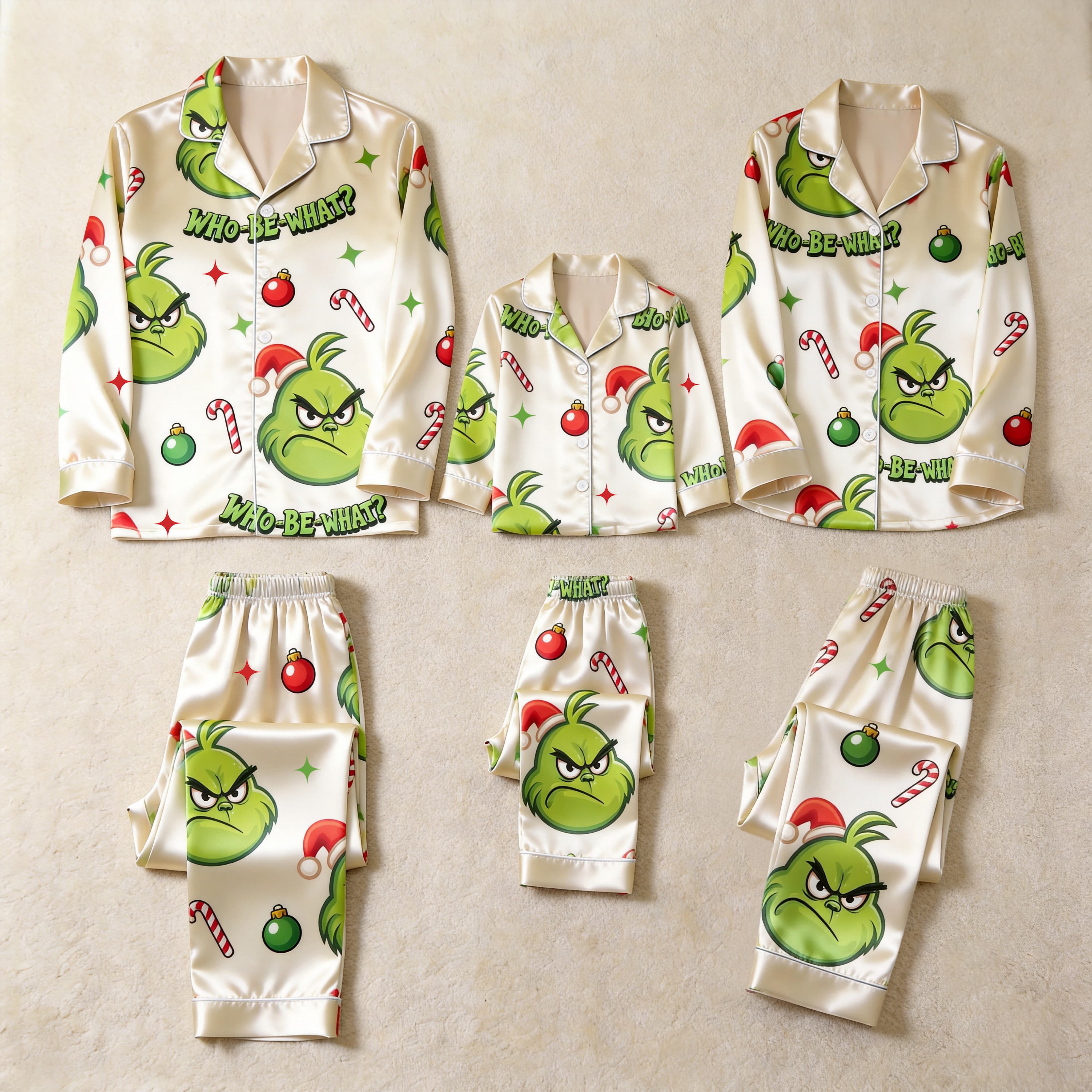 Angry Green Face & Who-Be-What Text Print Satin Button-Up Family Christmas Pajamas Set