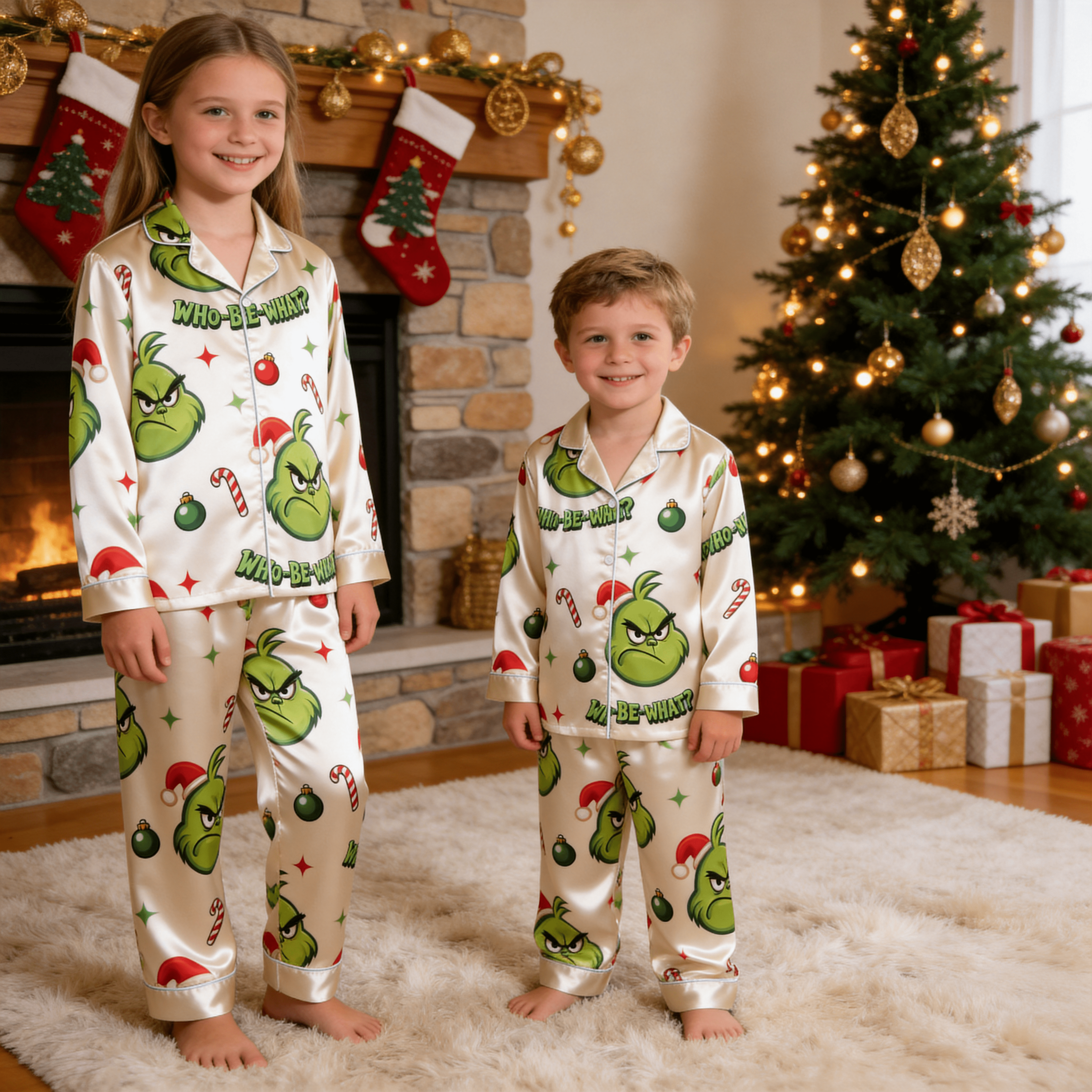 Angry Green Face & Who-Be-What Text Print Satin Button-Up Family Christmas Pajamas Set