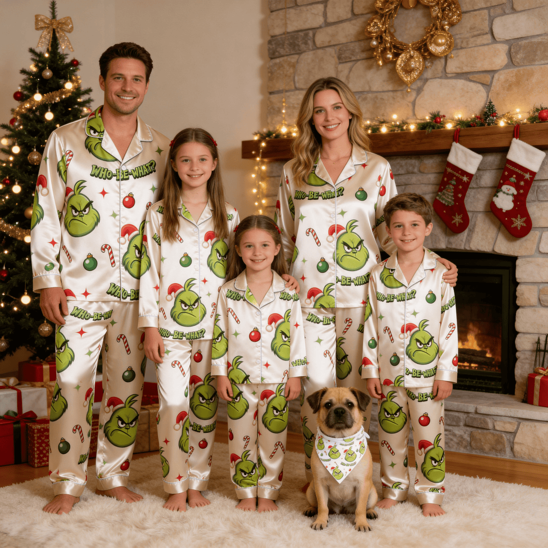Angry Green Face & Who-Be-What Text Print Satin Button-Up Family Christmas Pajamas Set