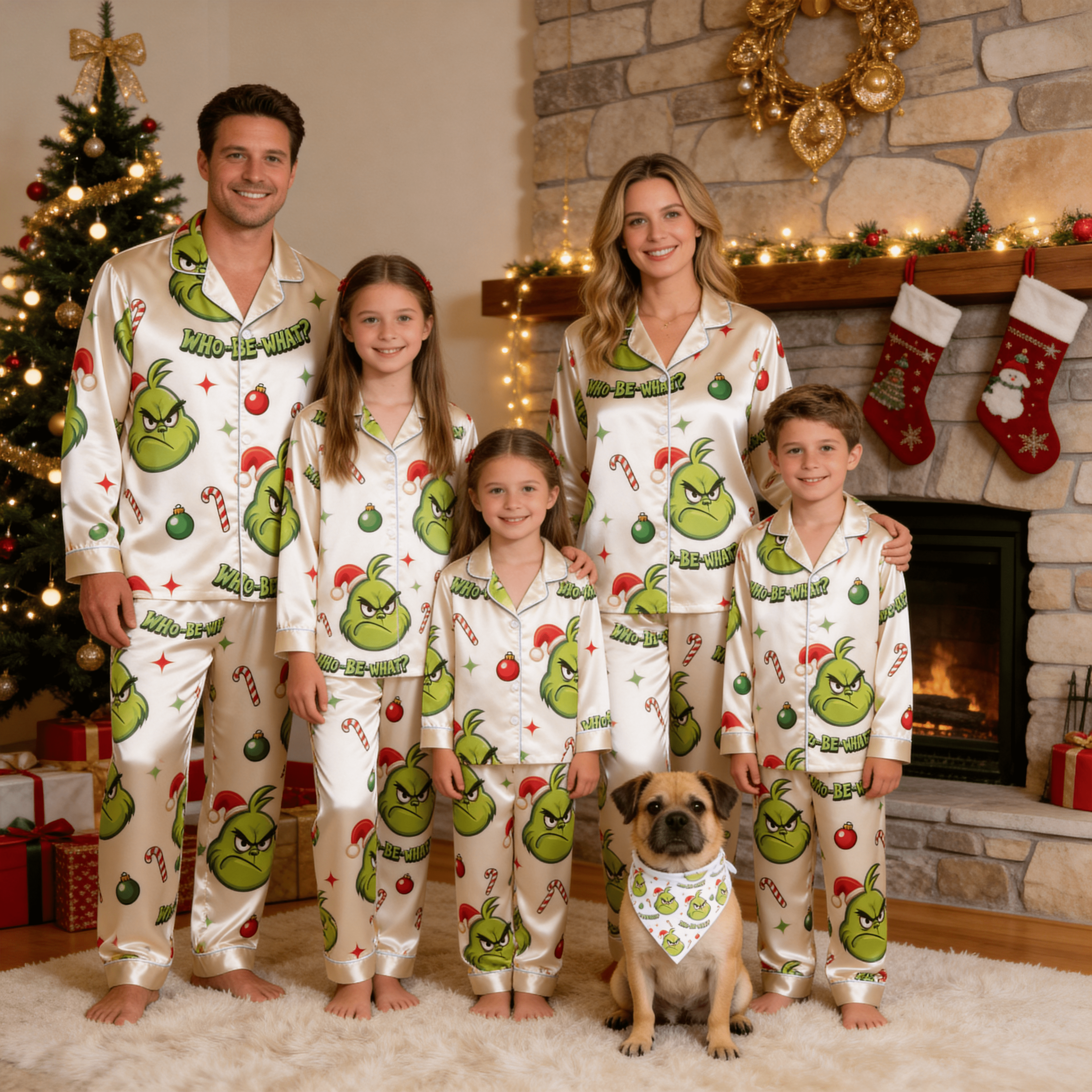 Angry Green Face & Who-Be-What Text Print Satin Button-Up Family Christmas Pajamas Set