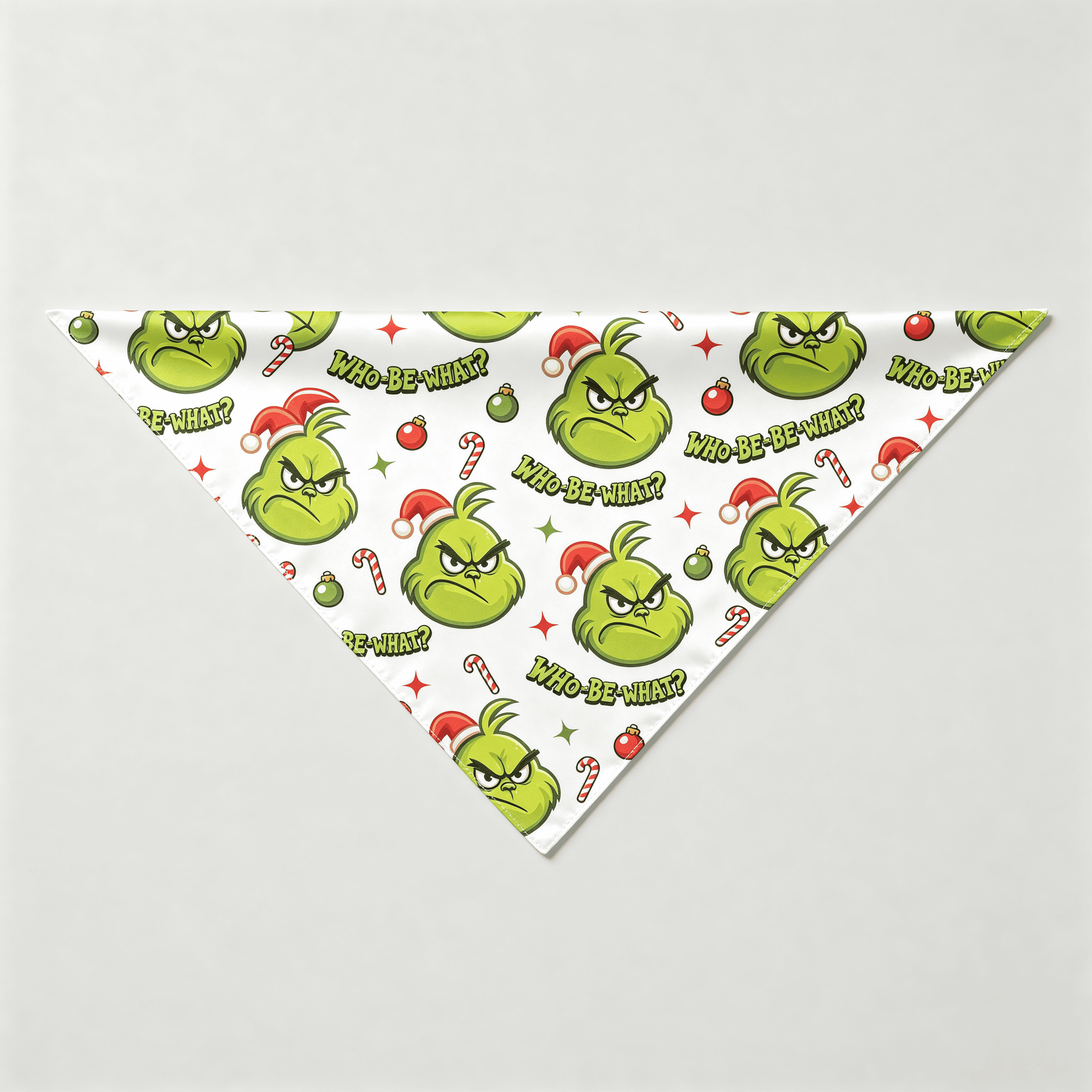 Angry Green Face & Who-Be-What Text Print Satin Button-Up Family Christmas Pajamas Set