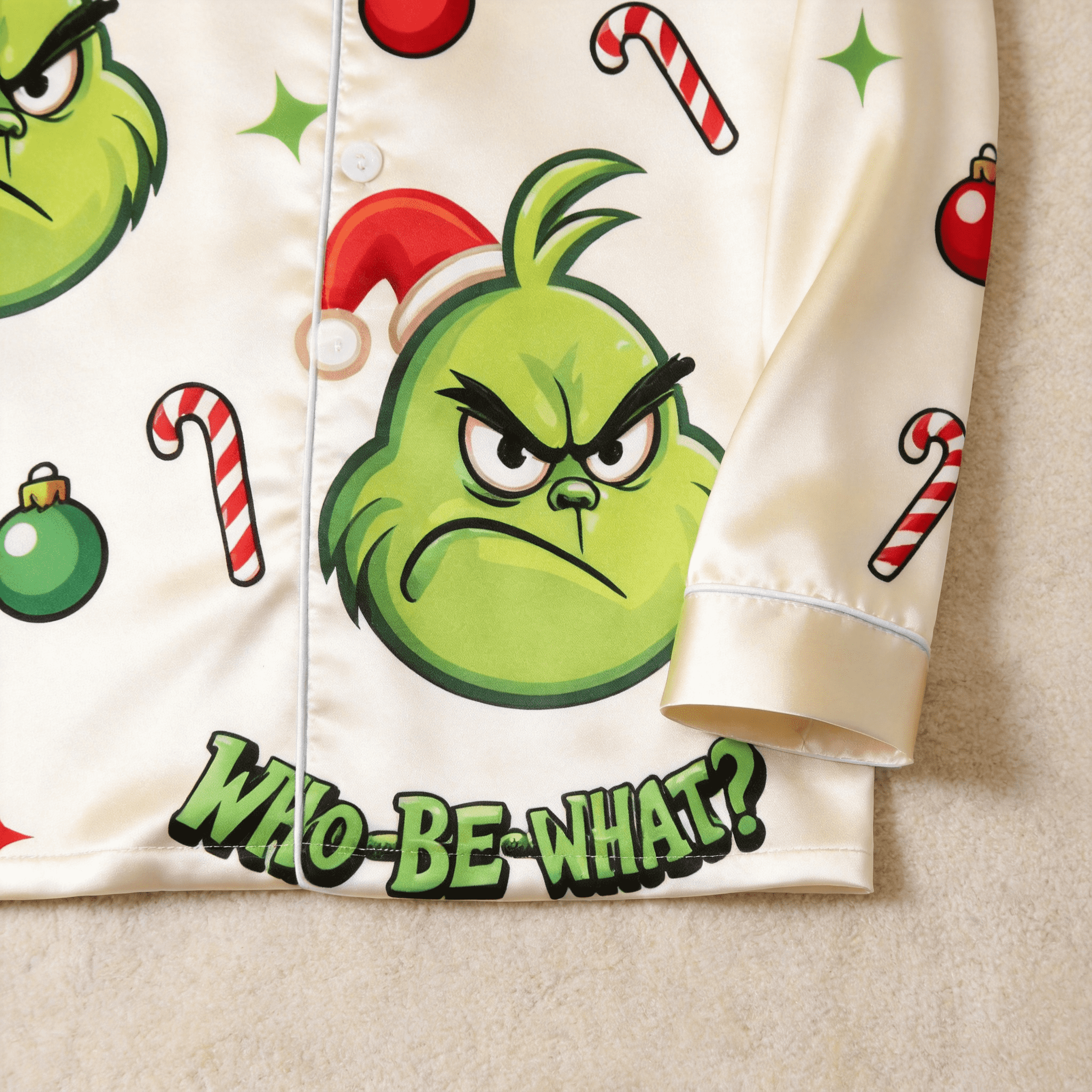Angry Green Face & Who-Be-What Text Print Satin Button-Up Family Christmas Pajamas Set