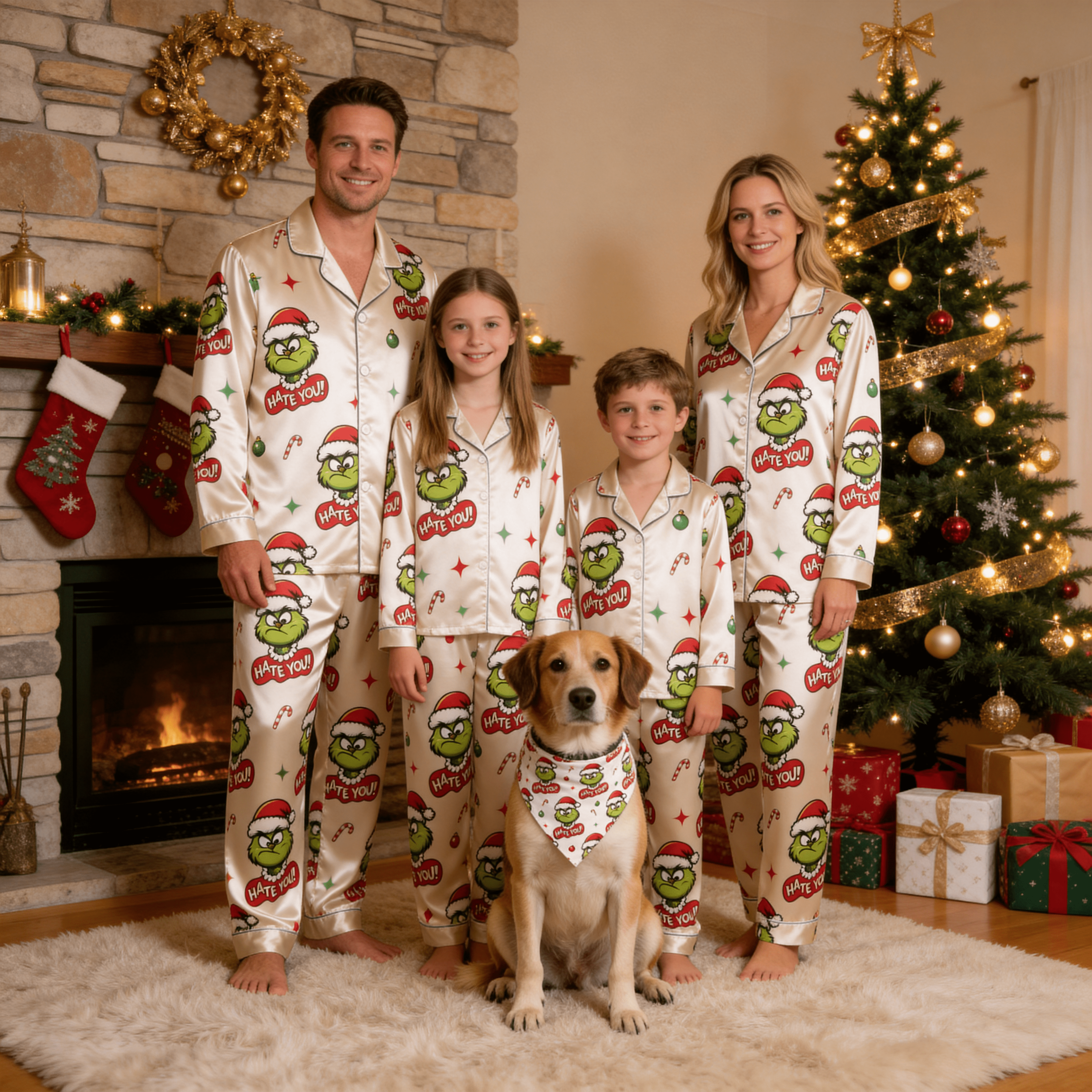 Angry Green Face & "Hate You" Text Print Satin Button-Up Family Christmas Pajamas Set
