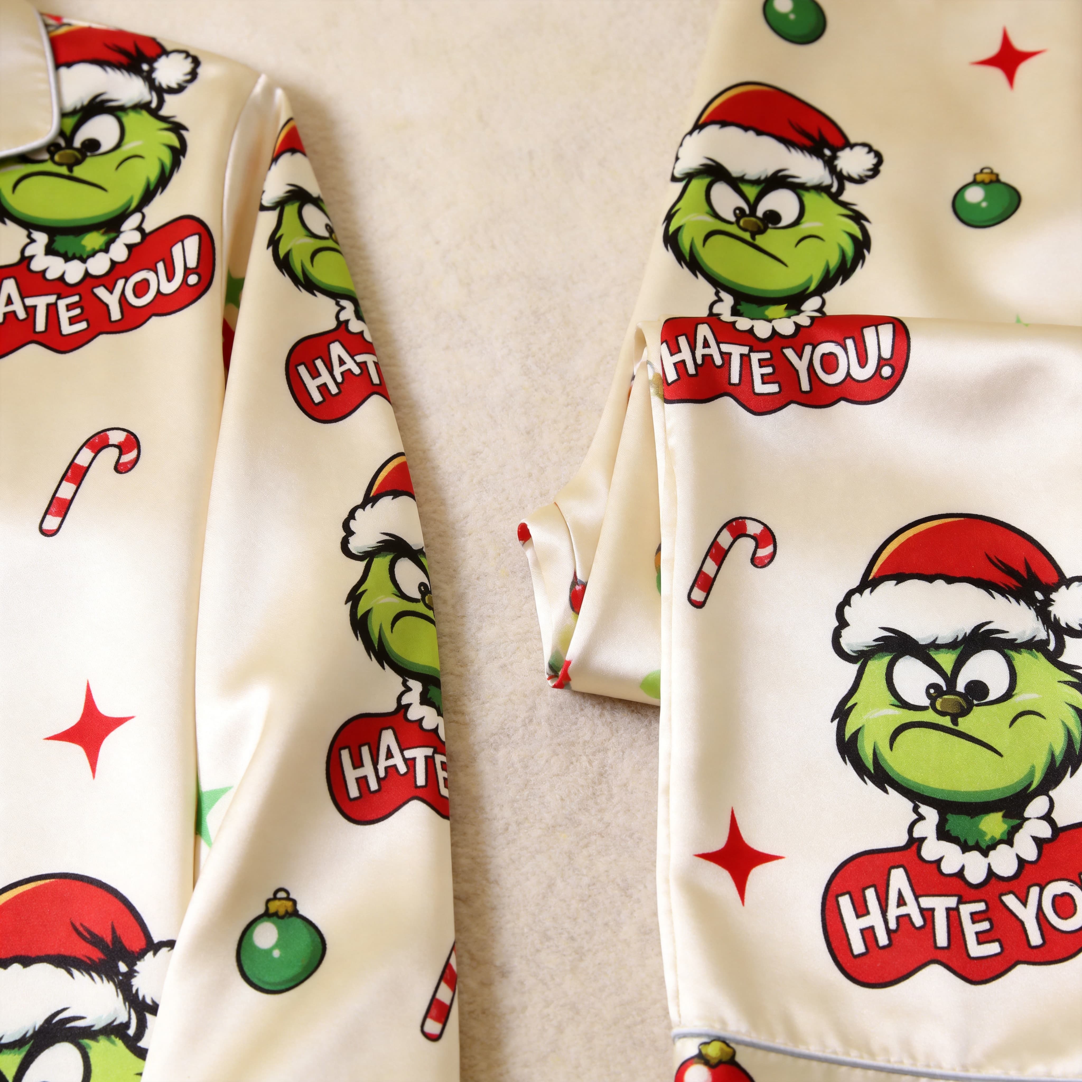 Angry Green Face & "Hate You" Text Print Satin Button-Up Family Christmas Pajamas Set