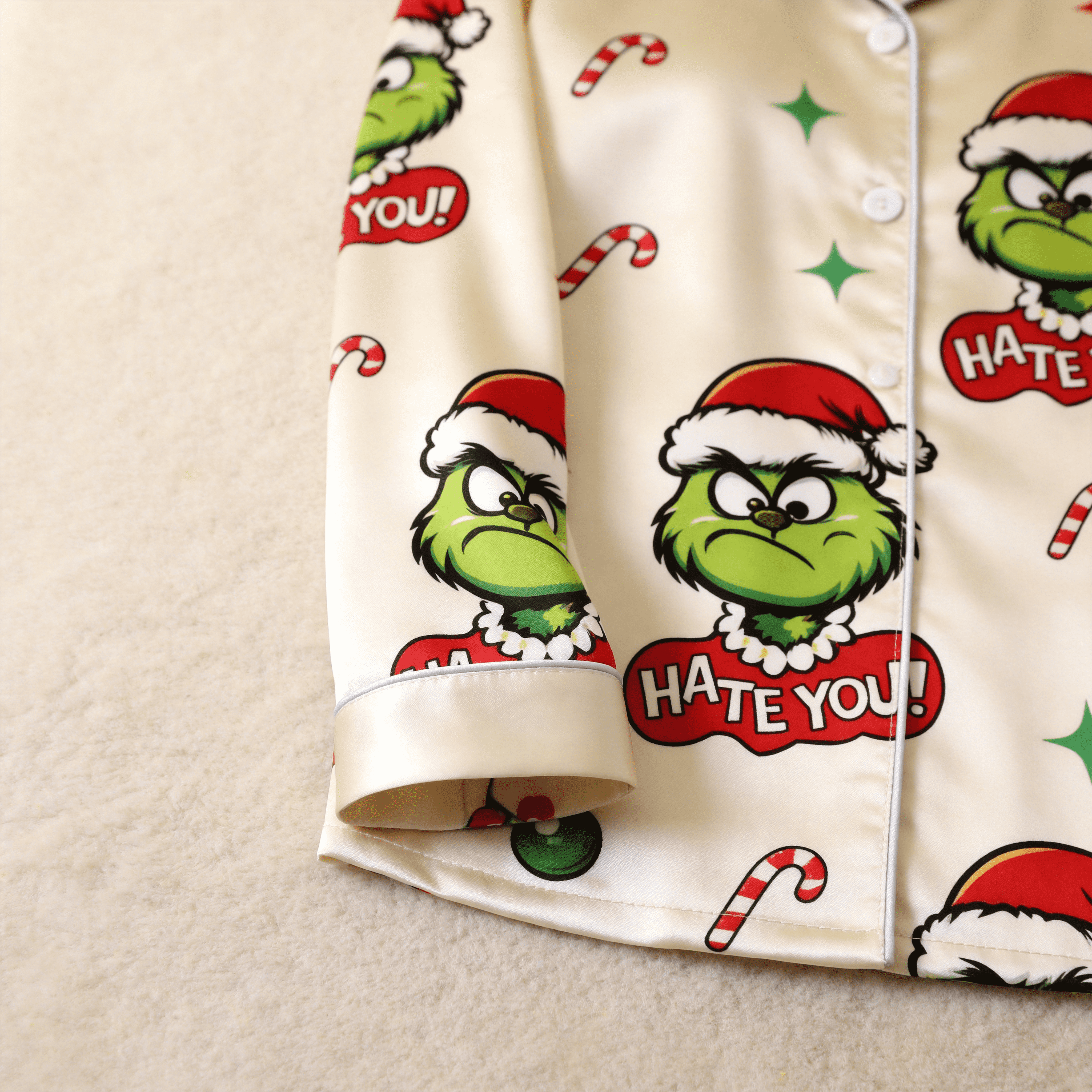 Angry Green Face & "Hate You" Text Print Satin Button-Up Family Christmas Pajamas Set