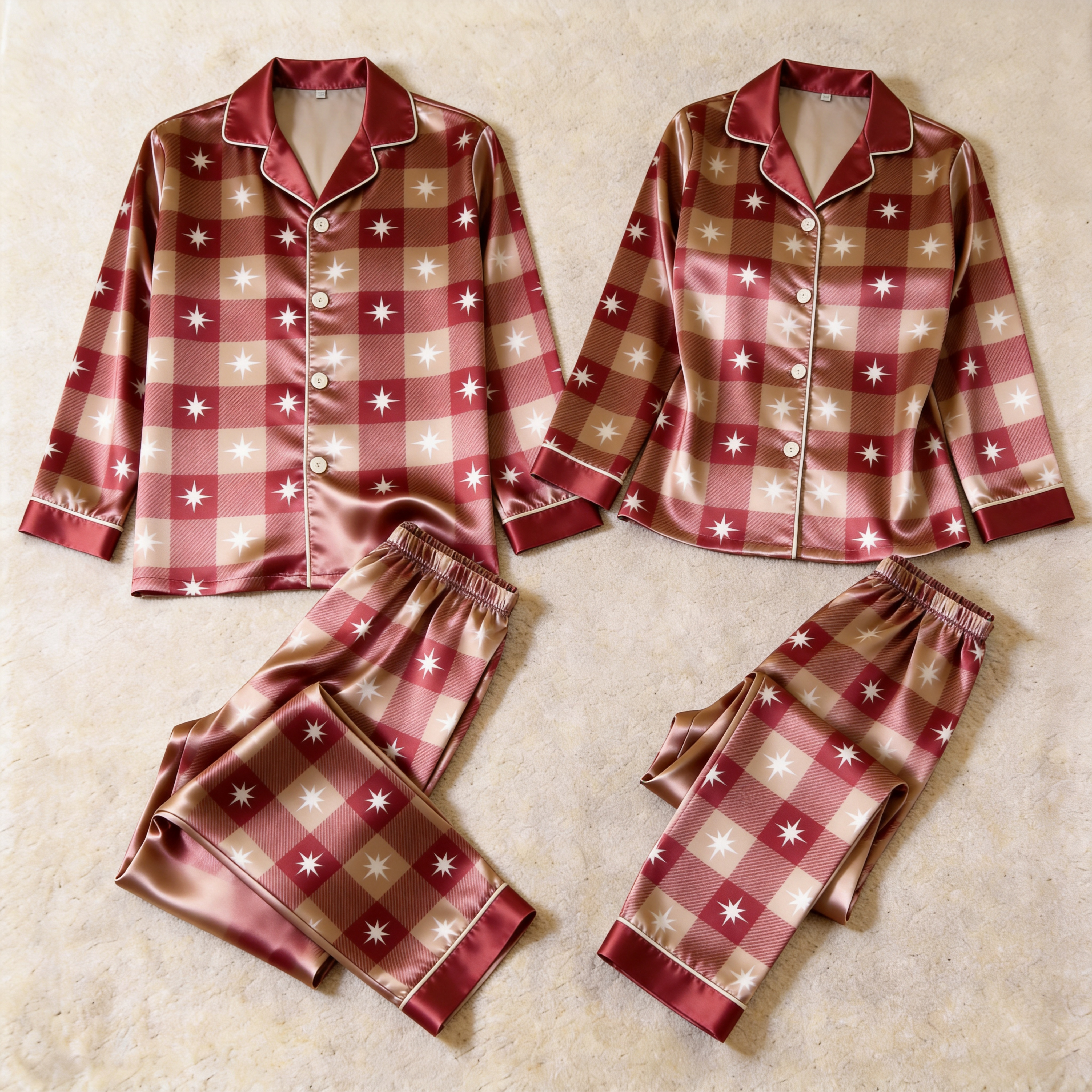 Star Plaid Satin Matching Pajamas for Couples – Long Sleeve Button-Down Top & Pants Sleepwear Set