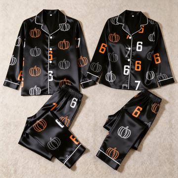Pumpkin and 67 Number Print Satin Matching Pajamas for Couples – Long Sleeve Button-Down Top & Pants Sleepwear Set