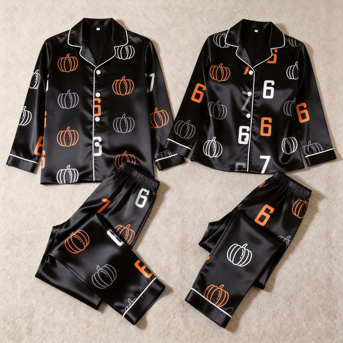 Pumpkin and 67 Number Print Satin Matching Pajamas for Couples – Long Sleeve Button-Down Top & Pants Sleepwear Set