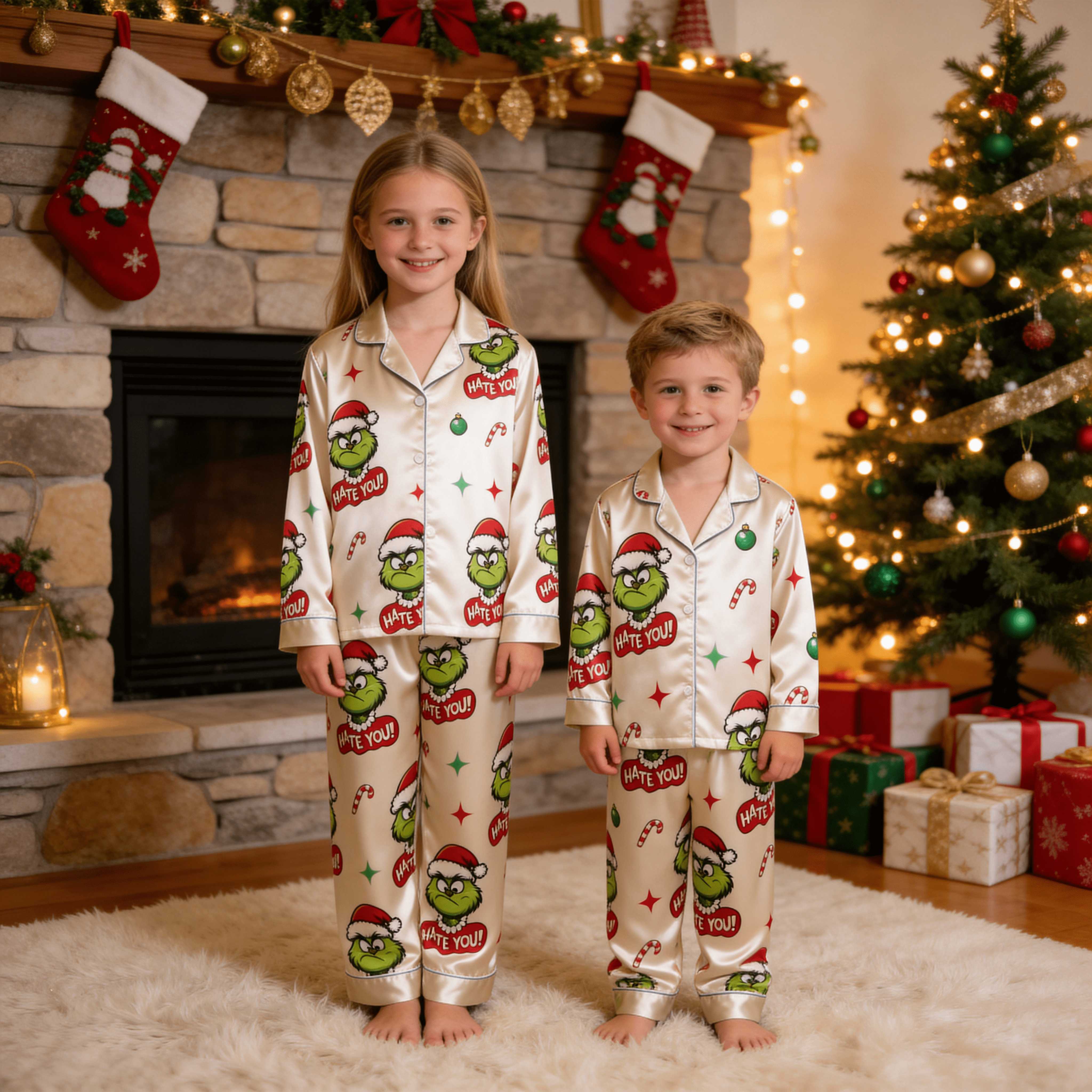 Angry Green Face & "Hate You" Text Print Satin Button-Up Family Christmas Pajamas Set