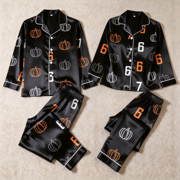 Pumpkin and 67 Number Print Satin Matching Pajamas for Couples – Long Sleeve Button-Down Top & Pants Sleepwear Set