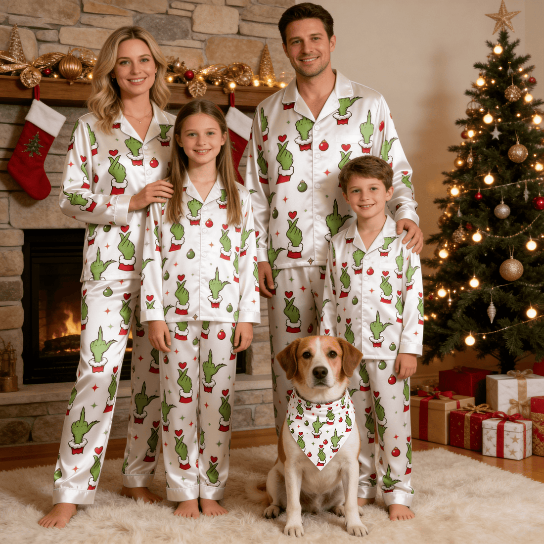 Green Hand Gesture & Heart Print Satin Button-Up Family Christmas Pajamas Set