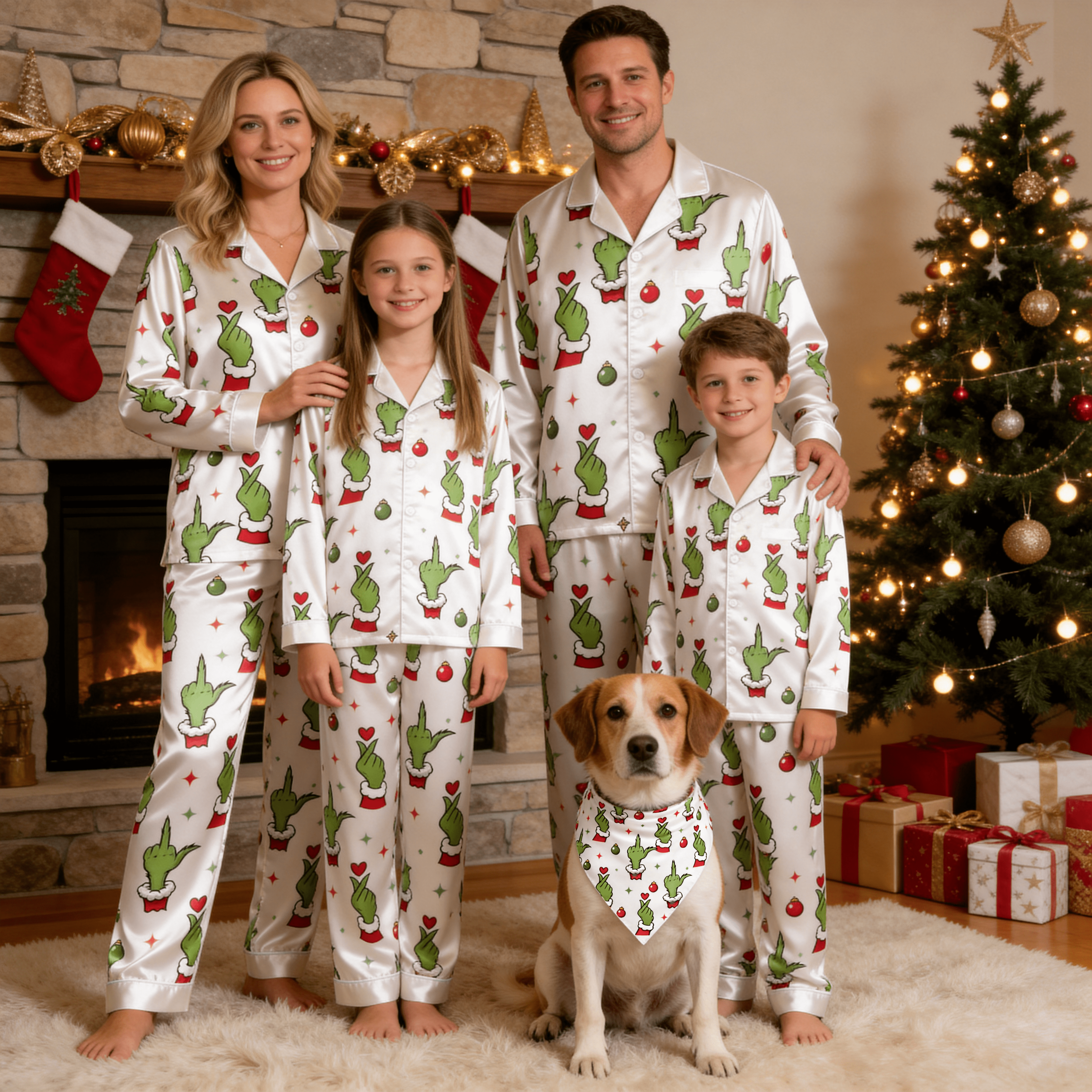 Green Hand Gesture & Heart Print Satin Button-Up Family Christmas Pajamas Set
