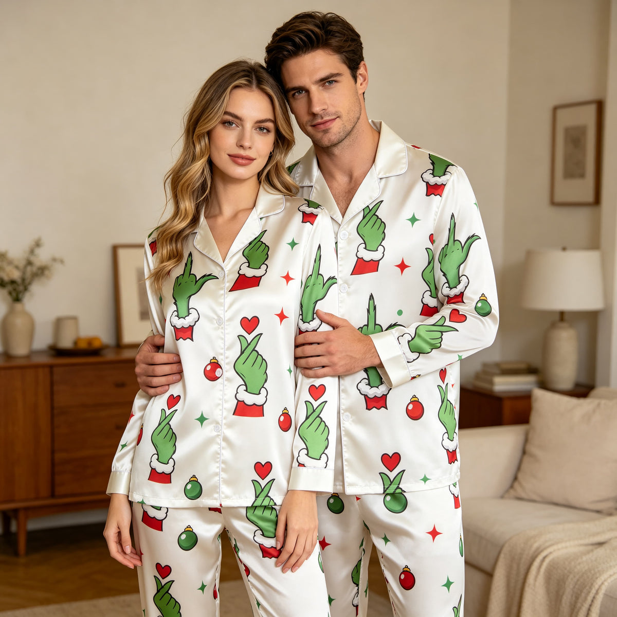 Holiday Gesture and Love Heart Print Satin Matching Pajamas for Couples – Long Sleeve Button-Down Top & Pants Sleepwear Set