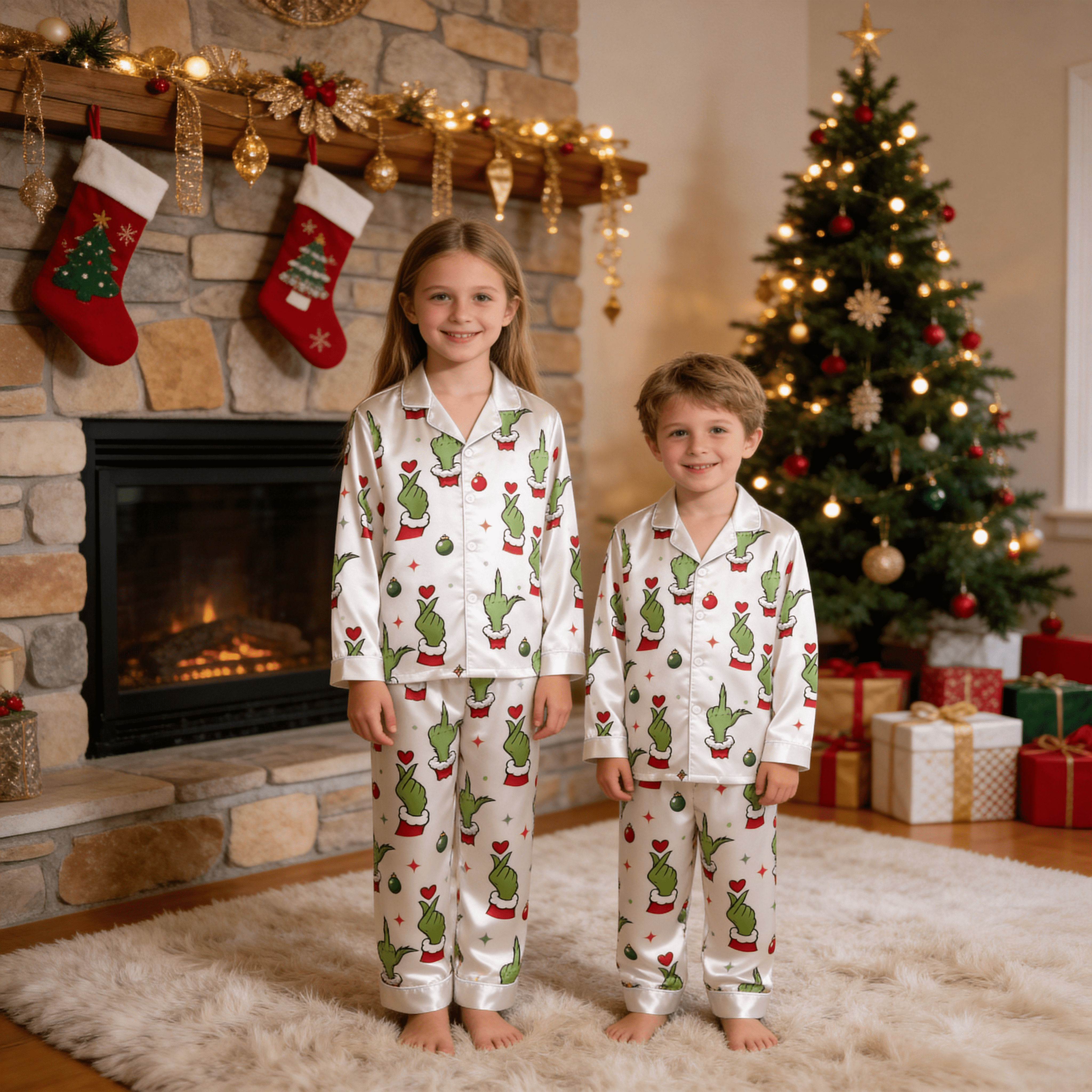 Green Hand Gesture & Heart Print Satin Button-Up Family Christmas Pajamas Set