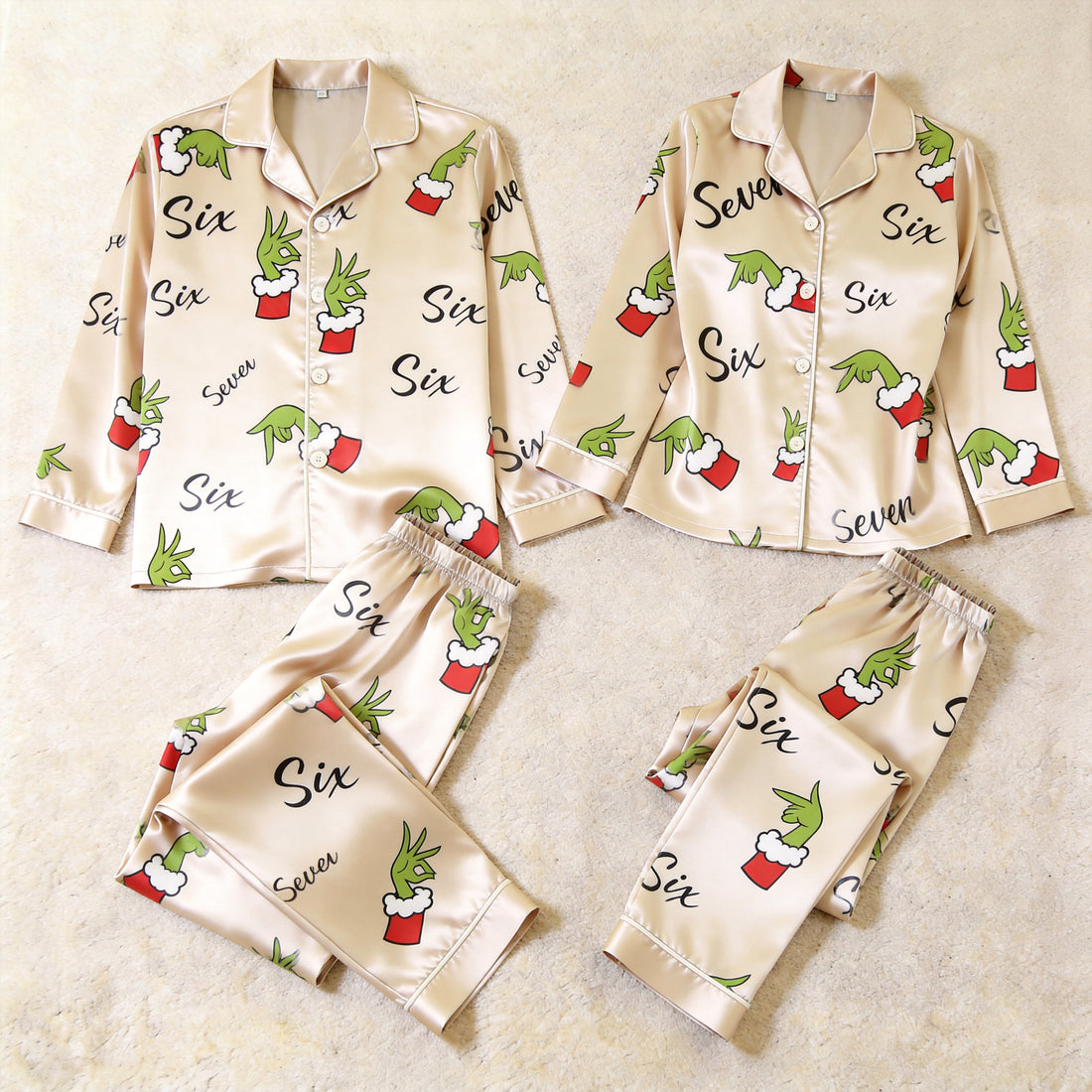 67 Holiday Green Hand Print Satin Matching Pajamas for Couples – Long Sleeve Button-Down Top & Pants Sleepwear Set