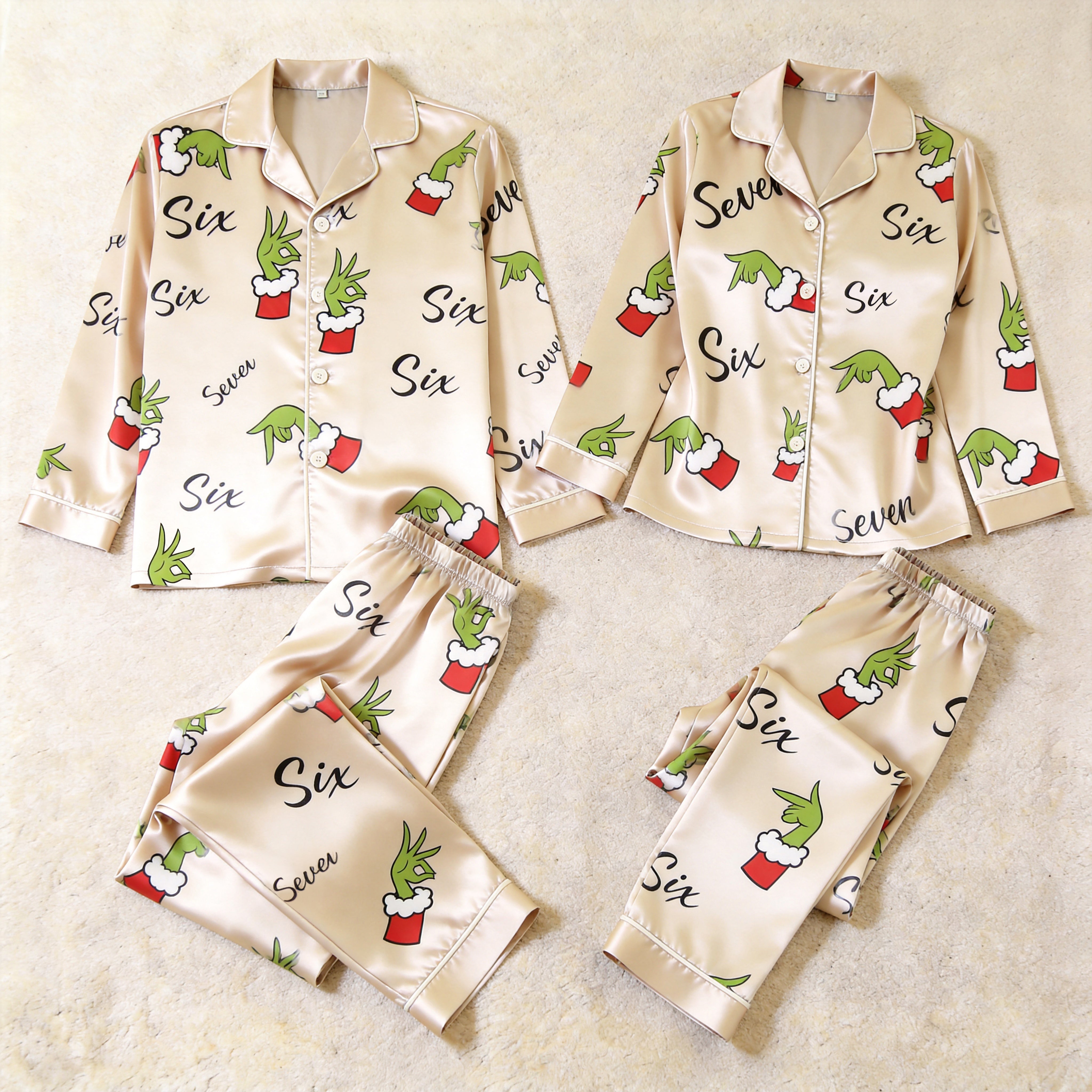 67 Holiday Green Hand Print Satin Matching Pajamas for Couples – Long Sleeve Button-Down Top & Pants Sleepwear Set