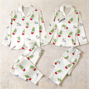 67 Holiday Green Hand Print Satin Matching Pajamas for Couples – Long Sleeve Button-Down Top & Pants Sleepwear Set