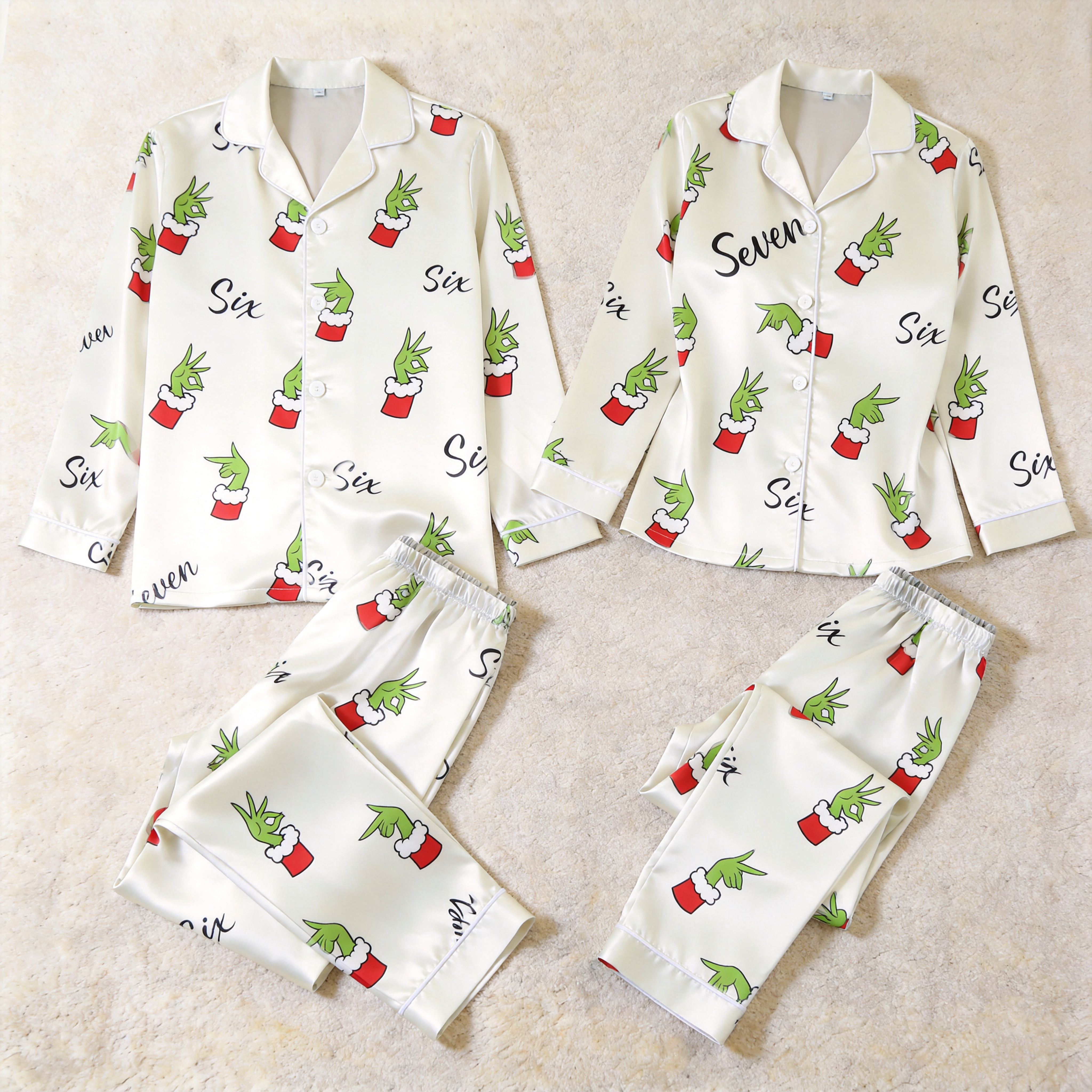 67 Holiday Green Hand Print Satin Matching Pajamas for Couples – Long Sleeve Button-Down Top & Pants Sleepwear Set