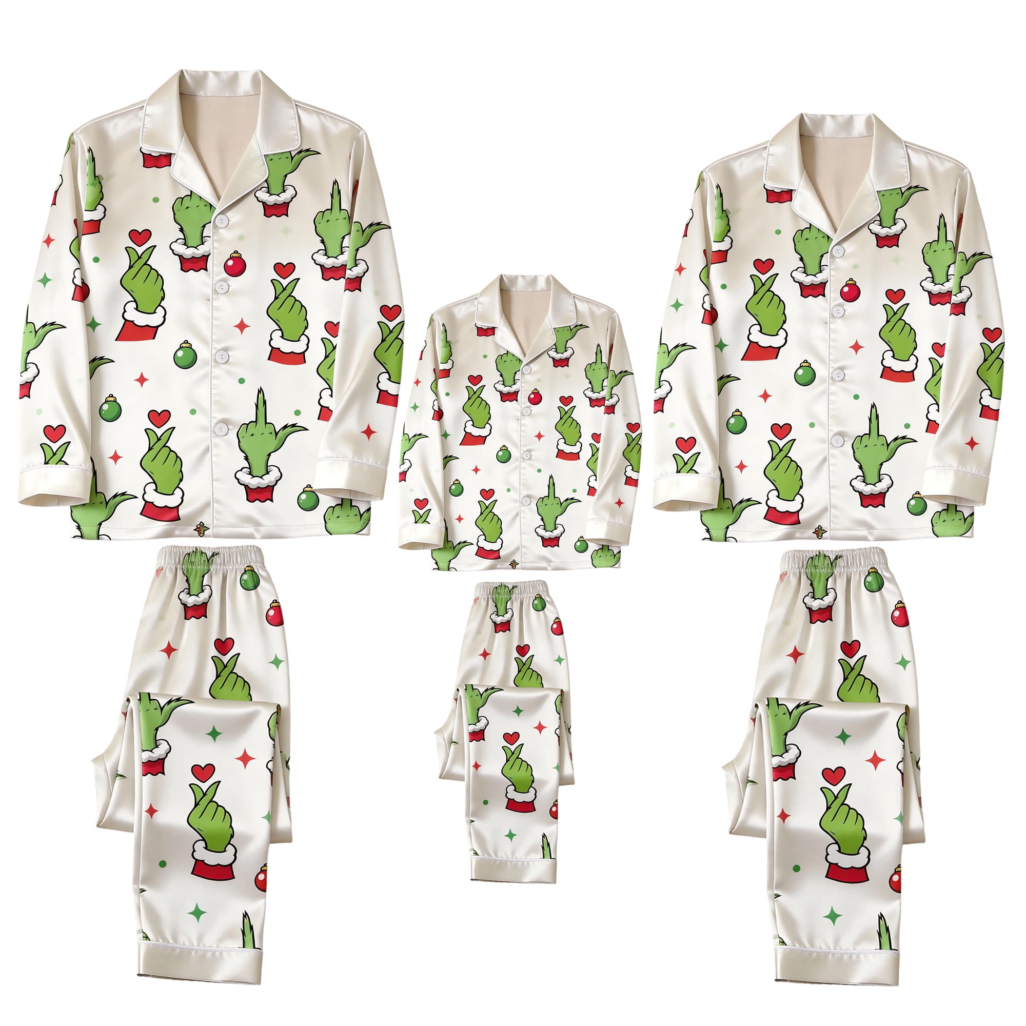 Green Hand Gesture & Heart Print Satin Button-Up Family Christmas Pajamas Set