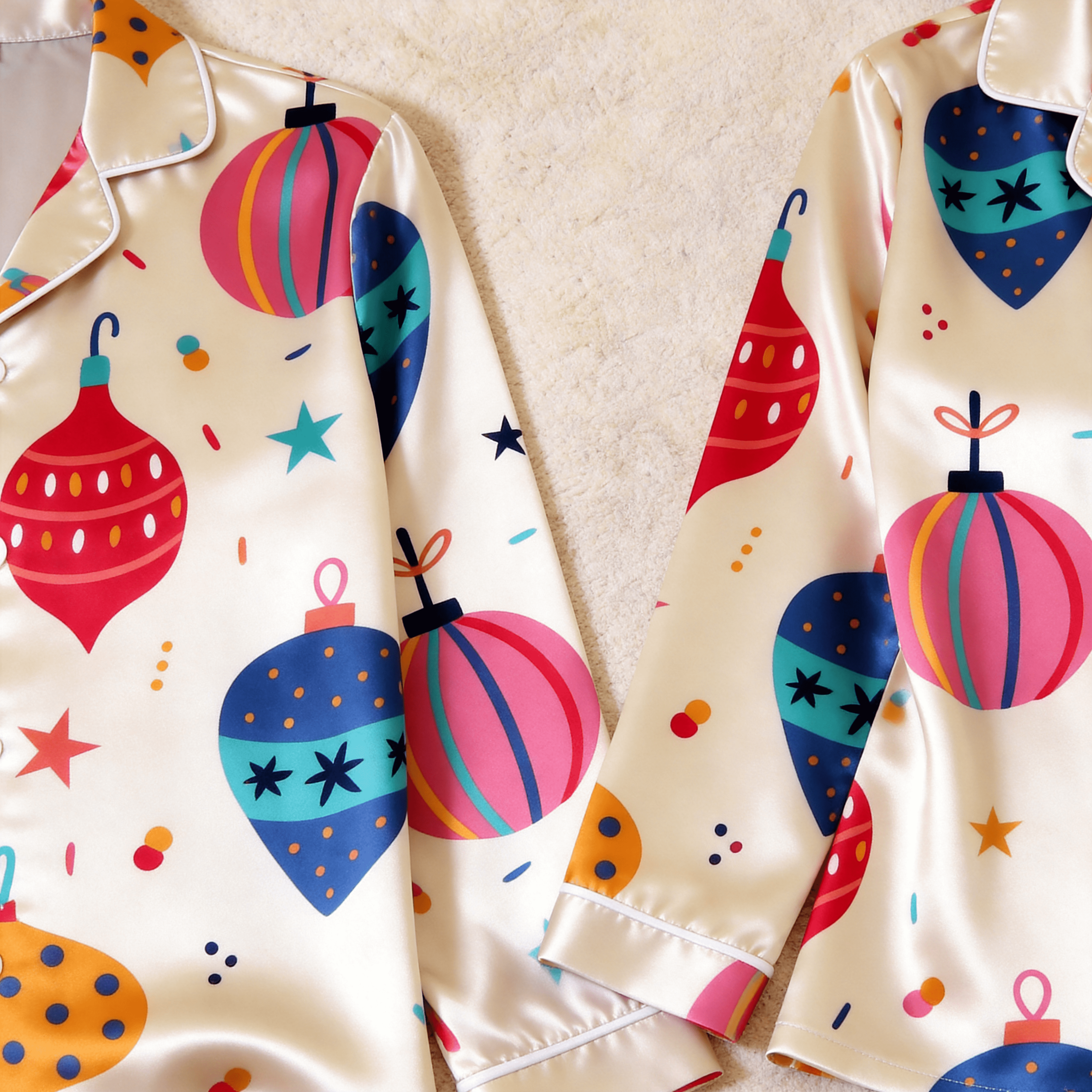 Colorful Christmas Ornament Print Satin Button-Up Family Pajamas Set