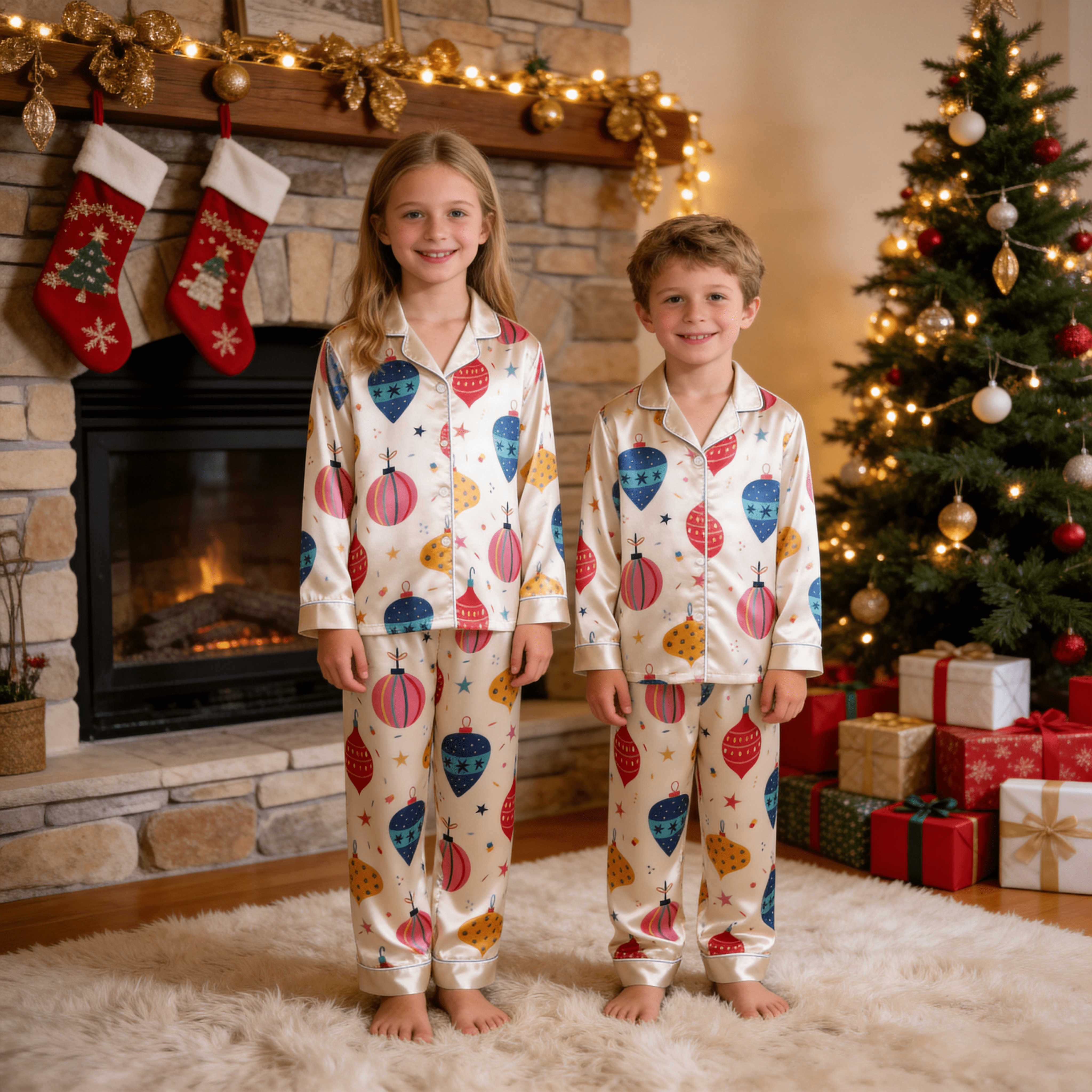 Colorful Christmas Ornament Print Satin Button-Up Family Pajamas Set