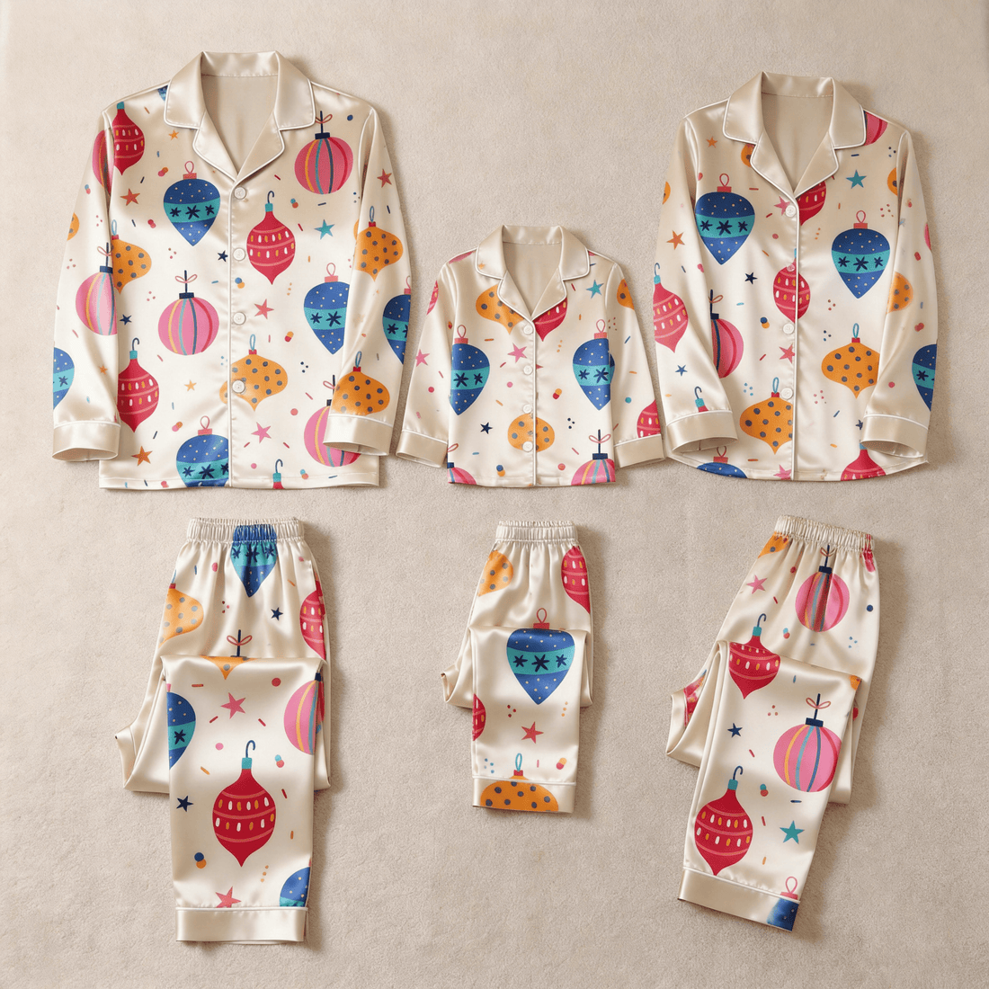 Colorful Christmas Ornament Print Satin Button-Up Family Pajamas Set