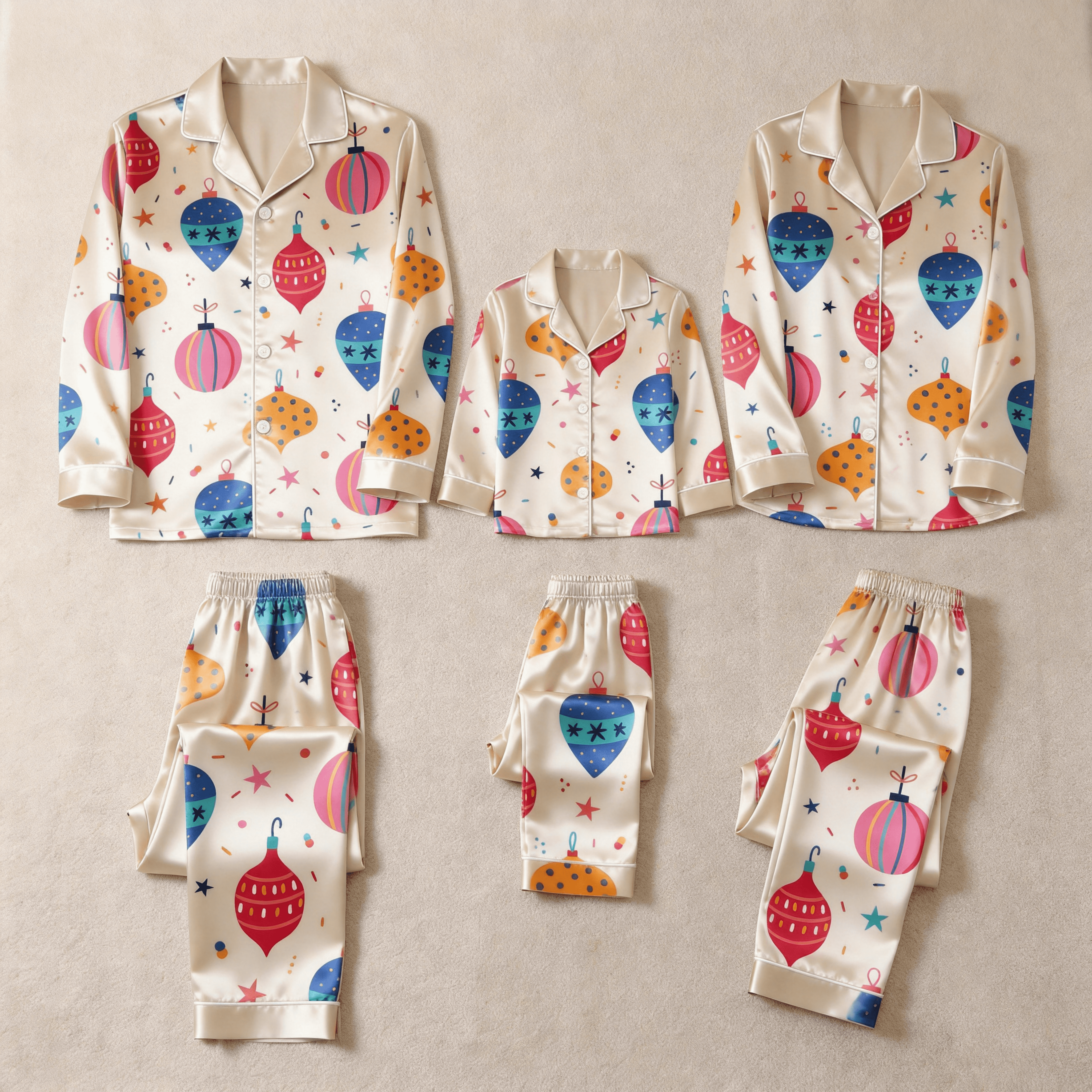 Colorful Christmas Ornament Print Satin Button-Up Family Pajamas Set