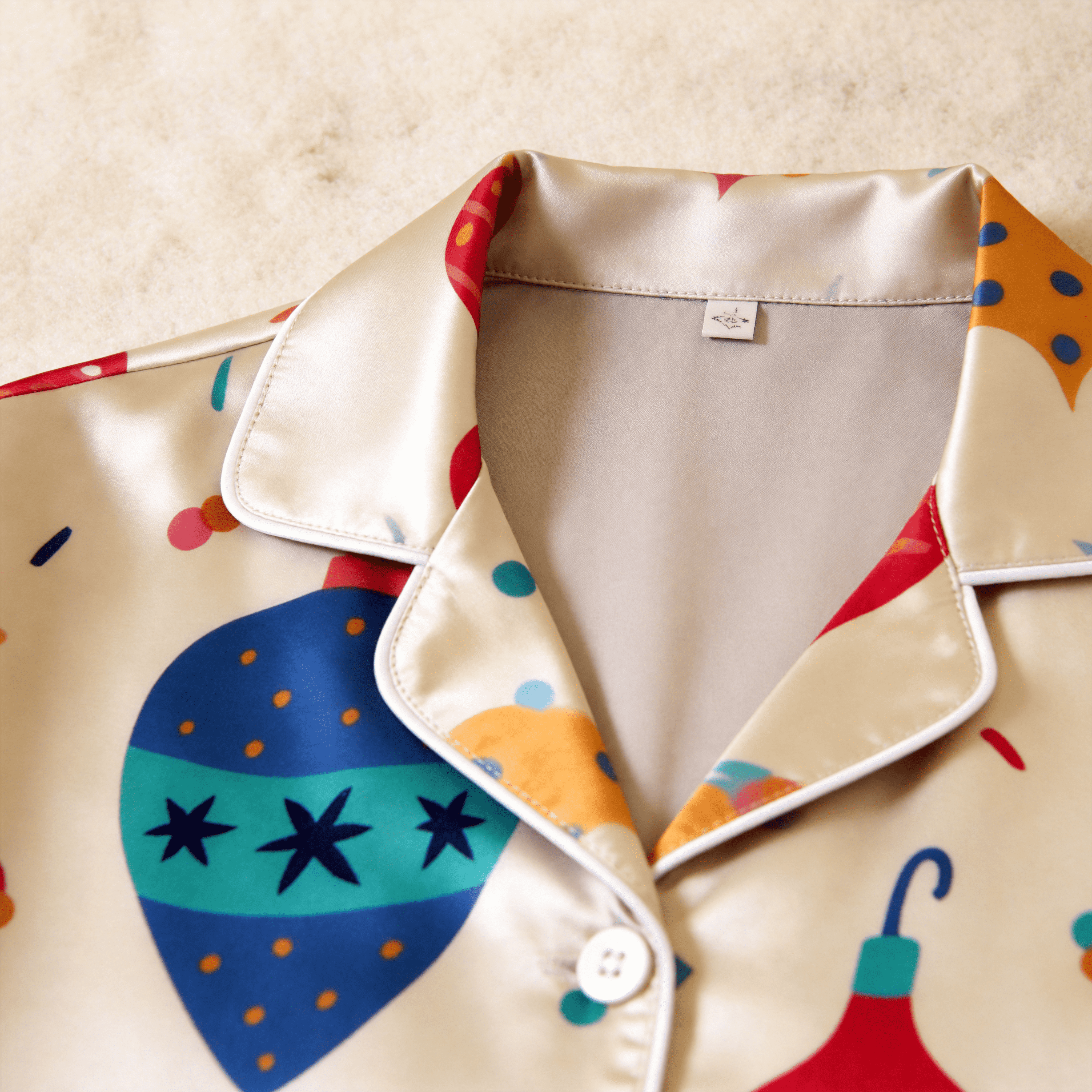 Colorful Christmas Ornament Print Satin Button-Up Family Pajamas Set