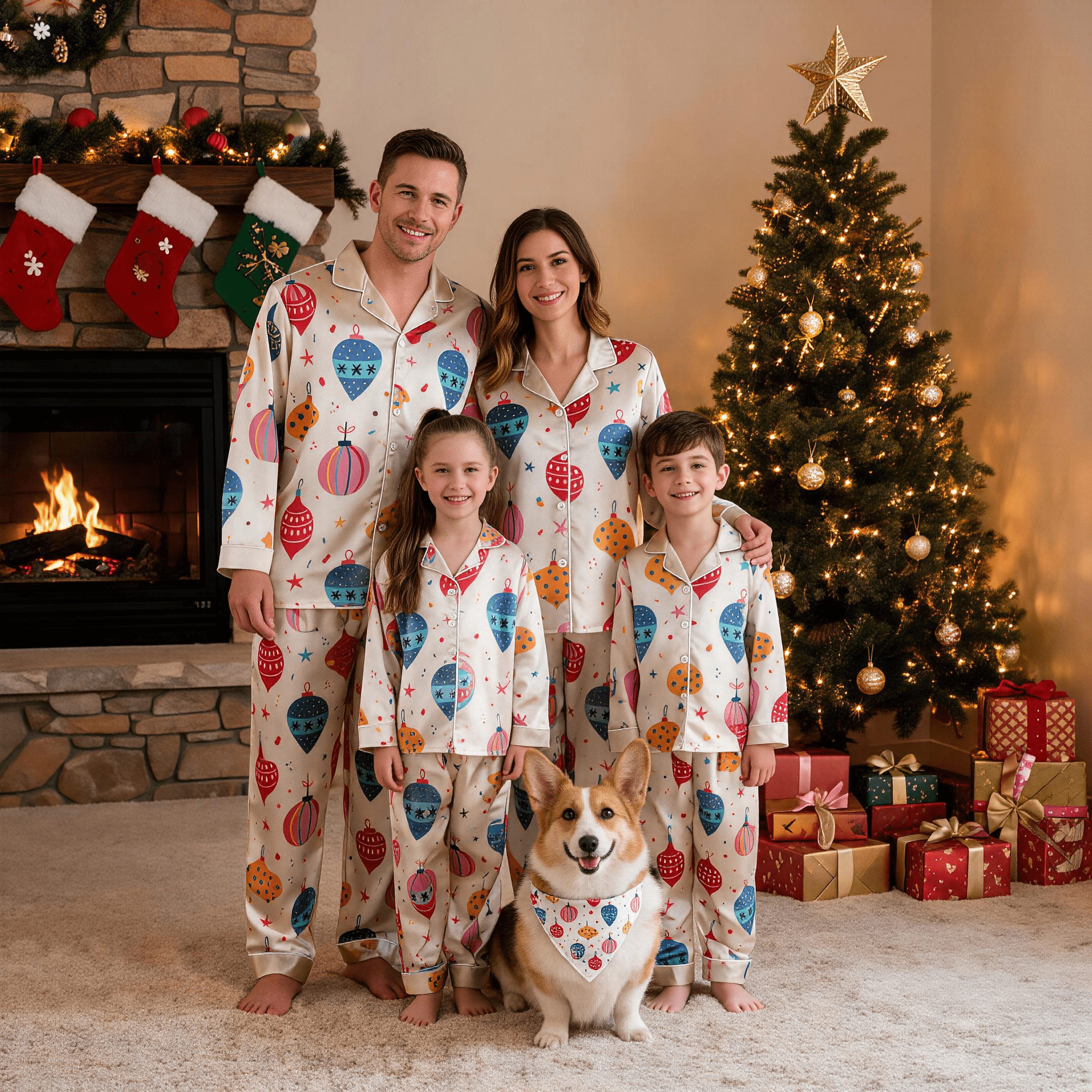 Colorful Christmas Ornament Print Satin Button-Up Family Pajamas Set
