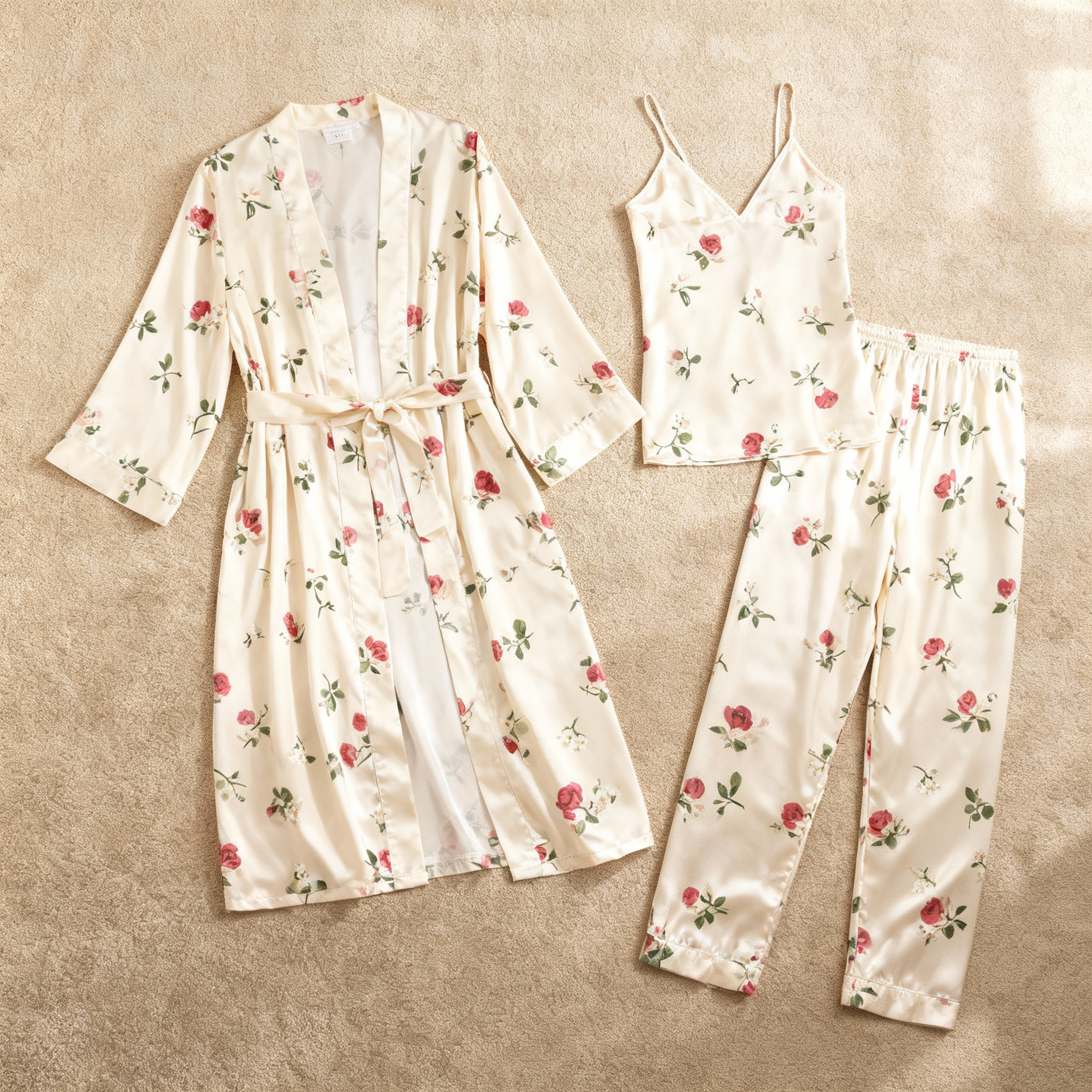 Satin 3-Piece Sleepwear Set with Rose Design